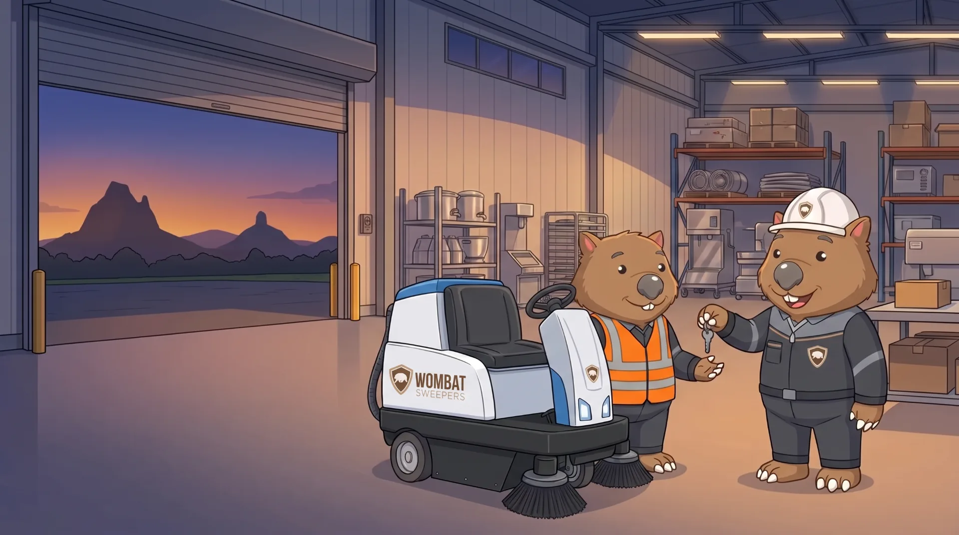 Wombat Sweepers mascot hands over keys to a ride-on sweeper parked on a client loading dock at dusk on the Sunshine Coast