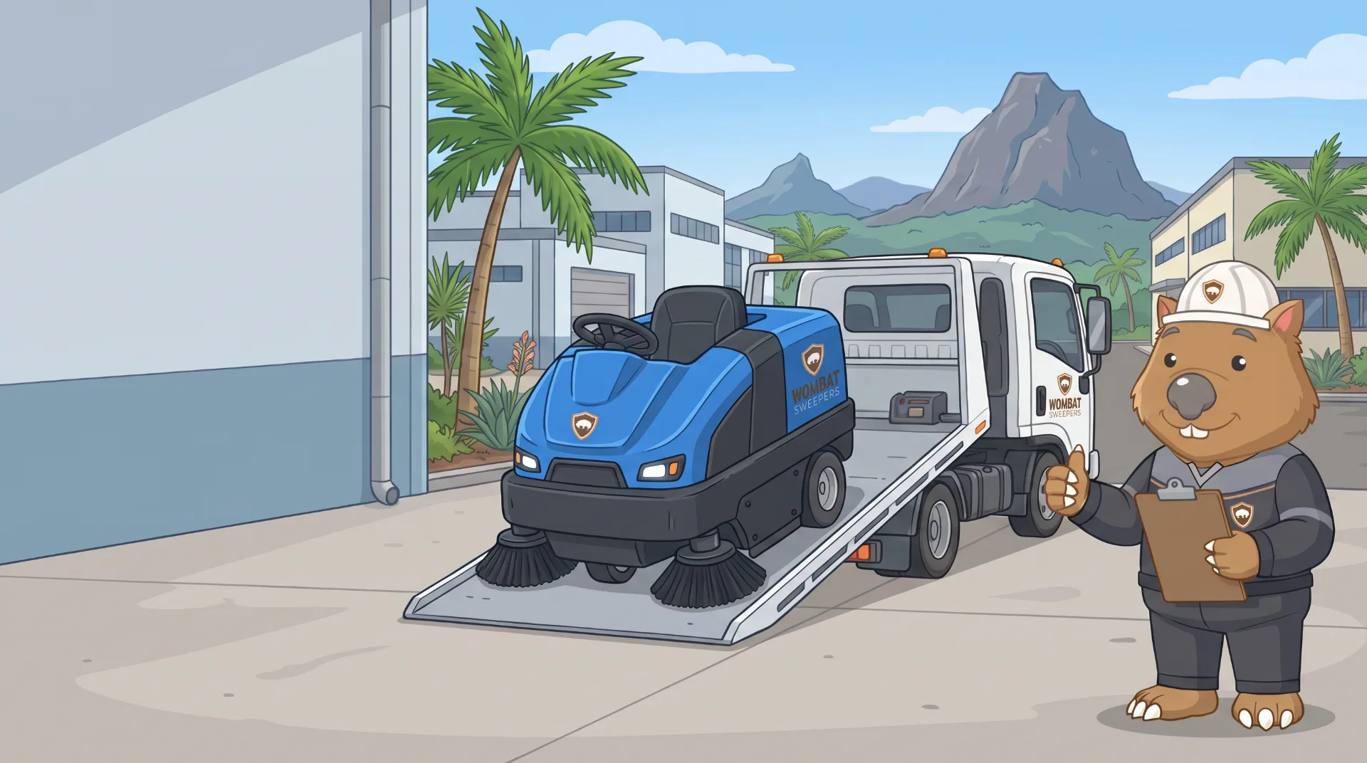 Wombat Sweepers mascot gives a thumbs up as a hire ride-on sweeper rolls off a tilt-tray delivery truck on the Sunshine Coast