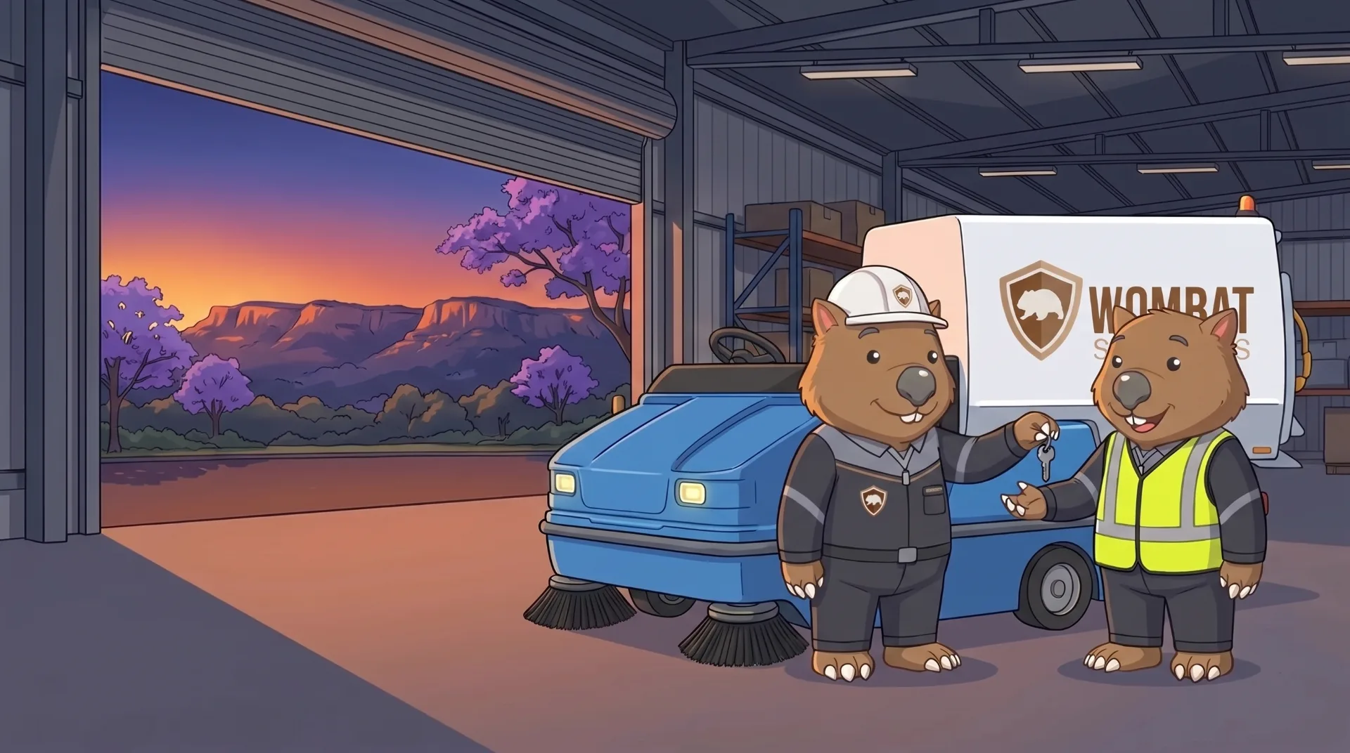 Wombat Sweepers mascot hands over keys to a ride-on sweeper parked on a client loading dock at dusk in Toowoomba