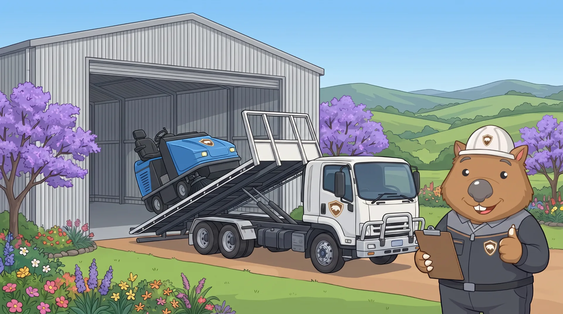 Wombat Sweepers mascot gives a thumbs up as a hire ride-on sweeper rolls off a tilt-tray delivery truck in Toowoomba