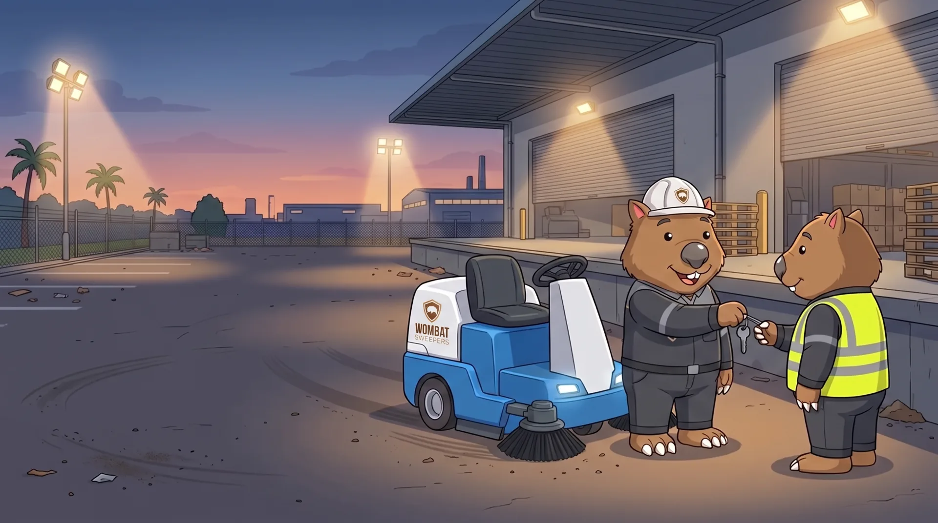 Wombat Sweepers mascot hands over keys to a ride-on sweeper at a factory dock at dusk