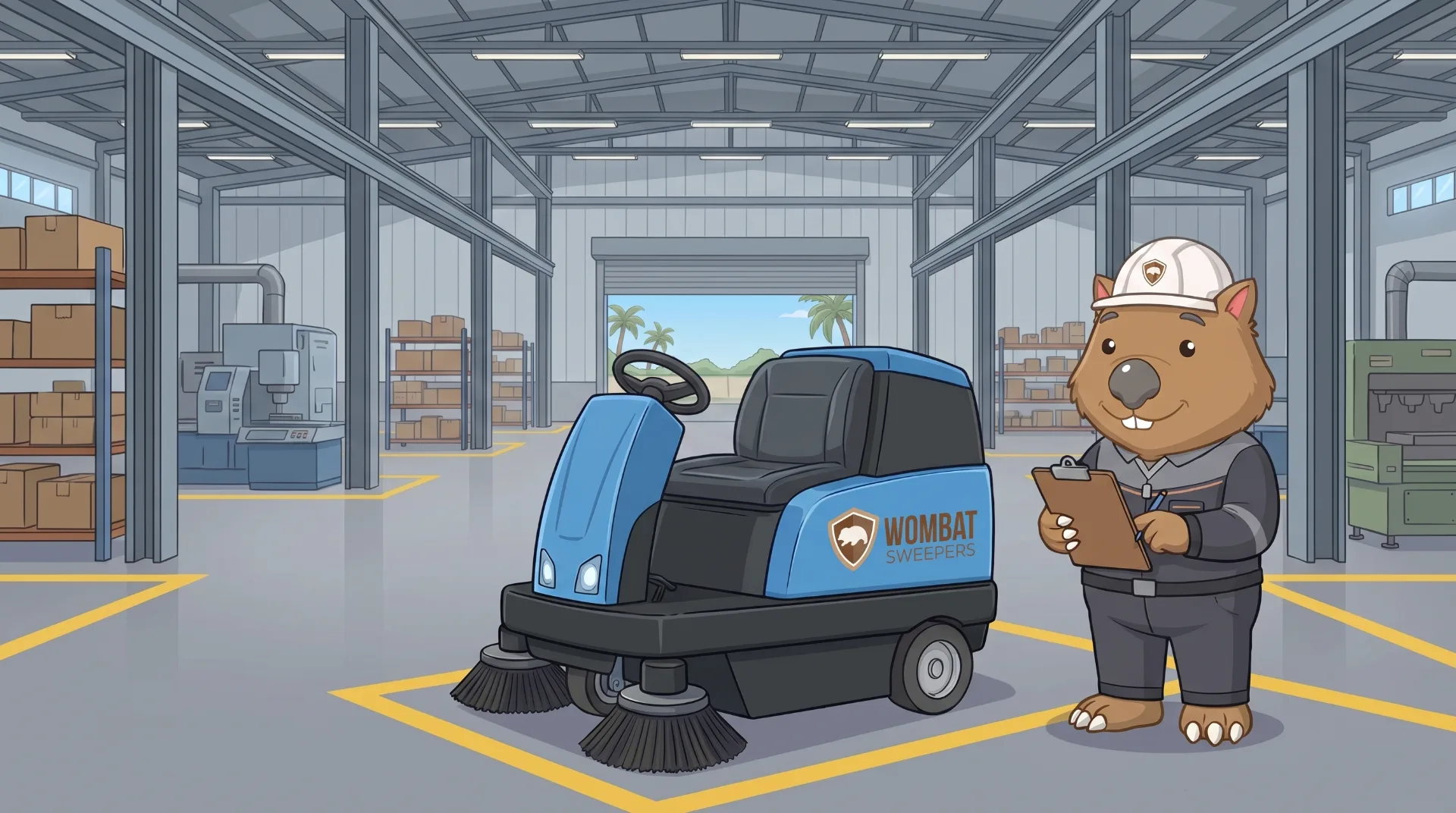 Wombat Sweepers mascot stands with a clipboard beside a ride-on sweeper parked in a dedicated bay inside a large manufacturing facility
