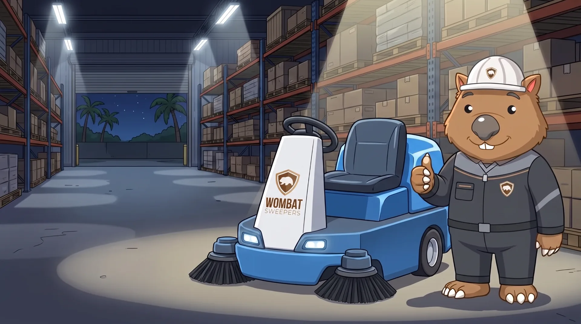 Wombat Sweepers mascot gives a thumbs up beside a ride-on sweeper under warehouse lights at night