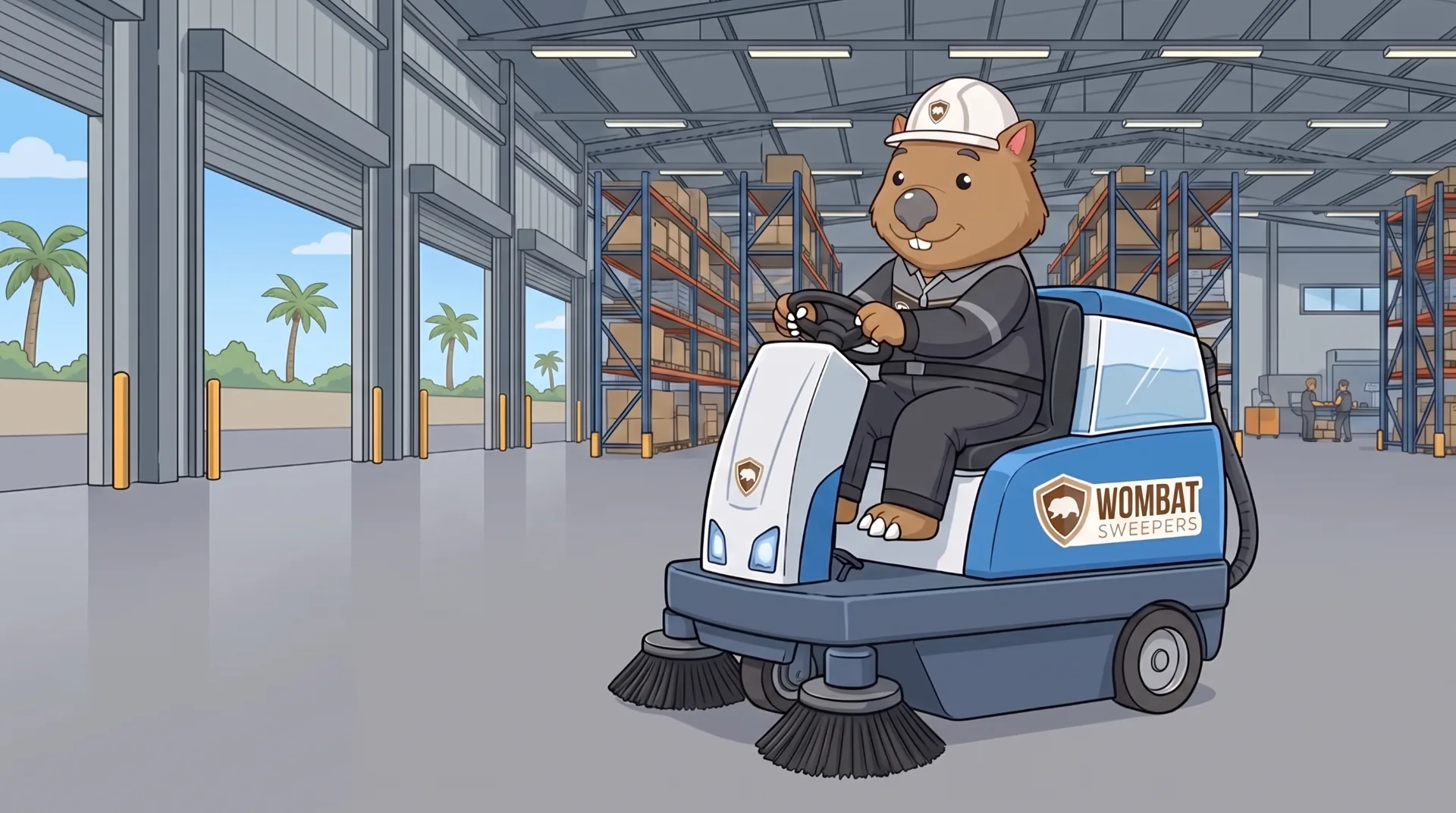 Wombat Sweepers mascot drives a ride-on sweeper across a warehouse floor, detailed three-quarter view of the machine