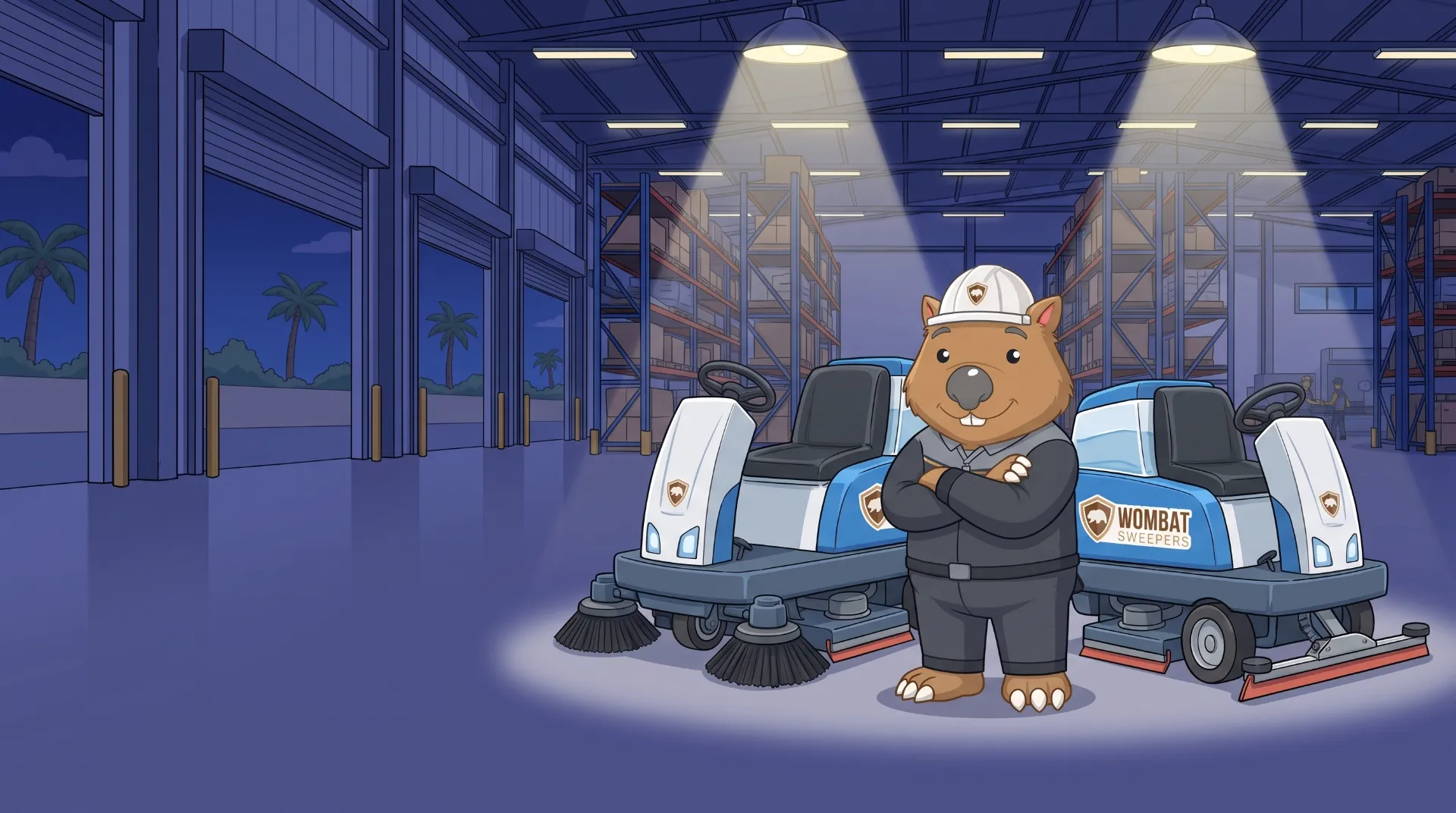 Wombat Sweepers mascot arms crossed between a sweeper and a scrubber in a warehouse at night