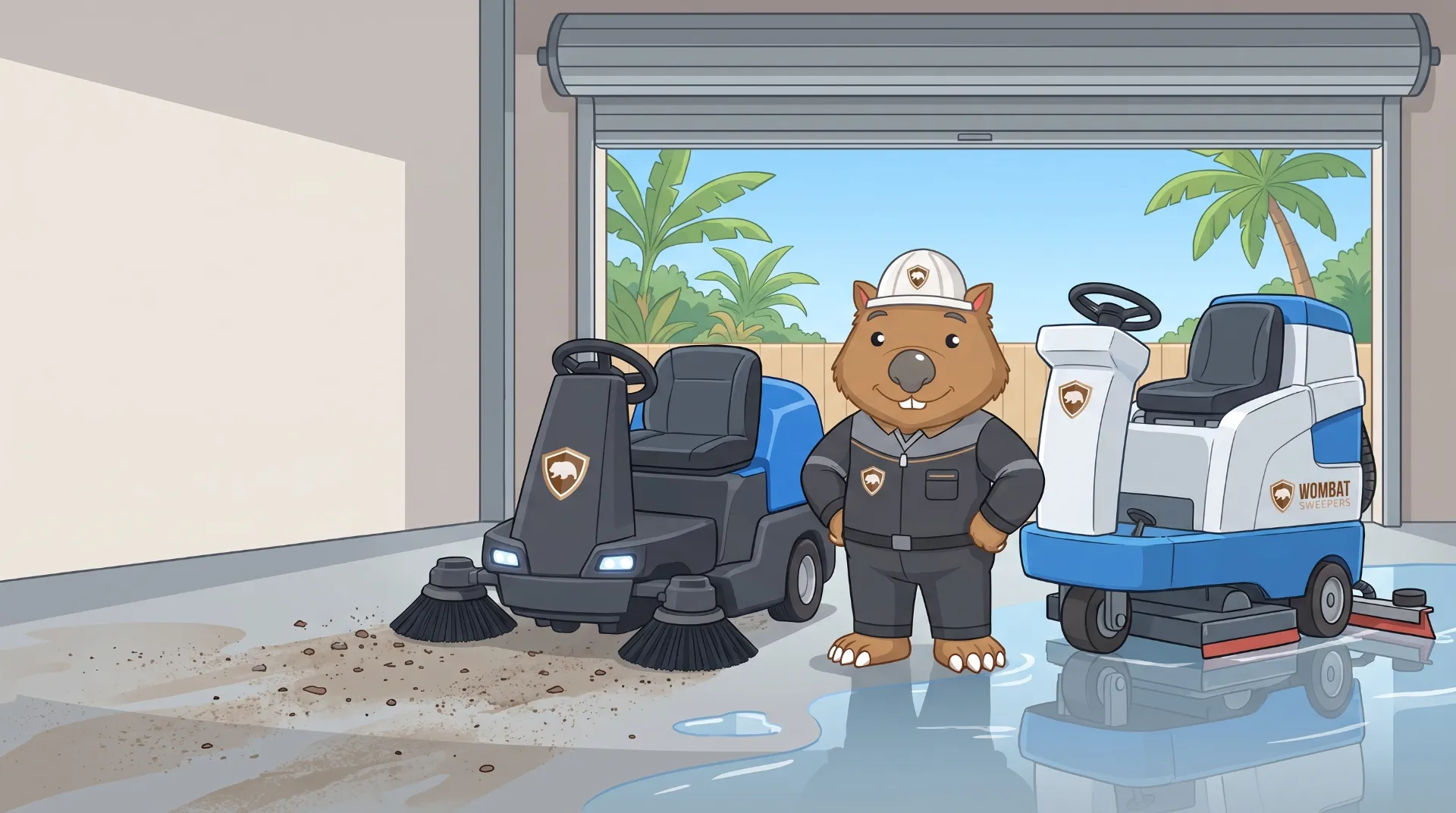 Wombat Sweepers mascot stands between a ride-on sweeper on a dusty floor and a ride-on floor scrubber on a wet, glossy floor