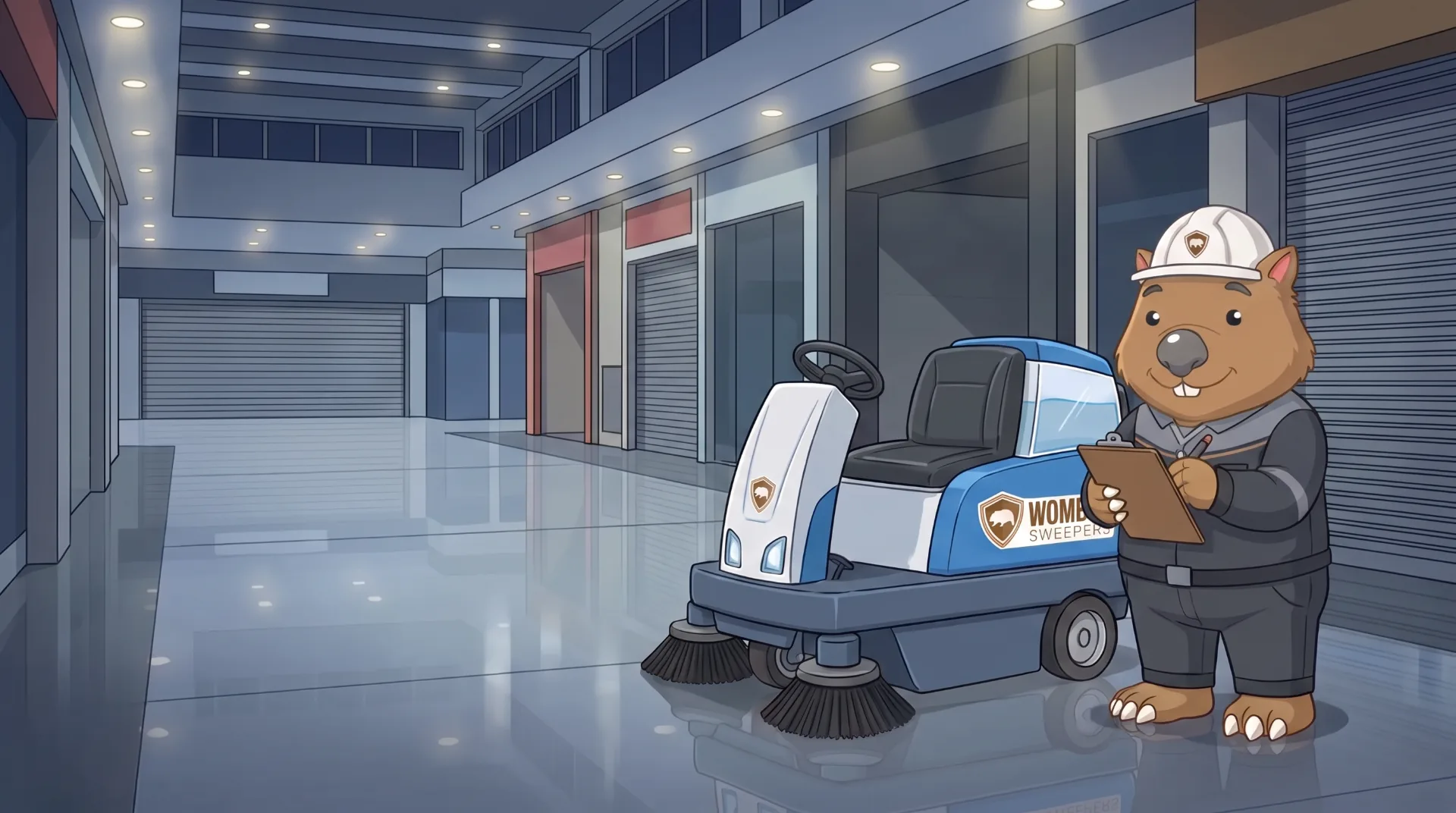 Wombat Sweepers mascot ticks a clipboard beside a ride-on sweeper at a commercial site at dusk