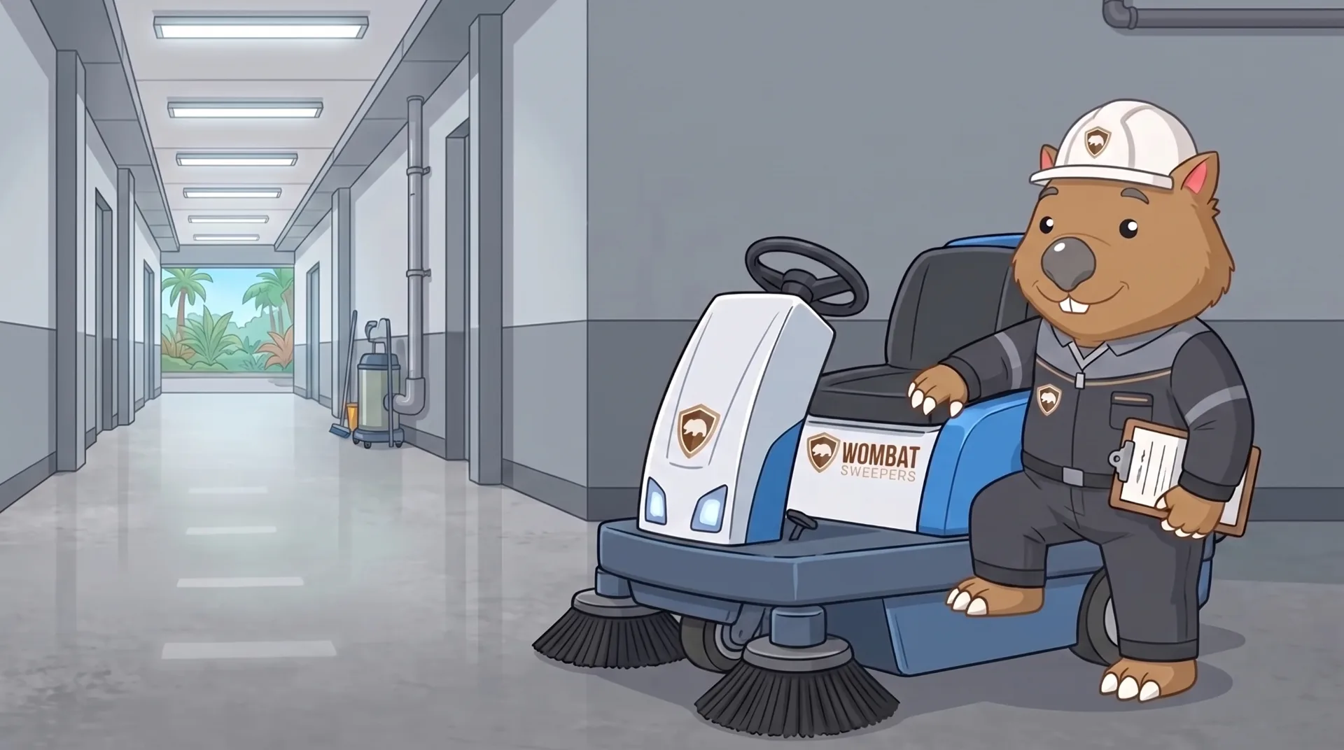 Wombat Sweepers mascot arrives with a clipboard, stepping off a ride-on sweeper at the entrance of a commercial site, ready to start