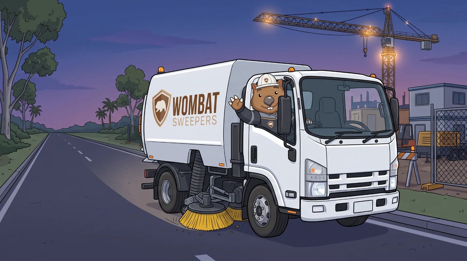 Wombat Sweepers mascot waves from a branded street sweeper truck at a construction site exit at dusk, clean road behind