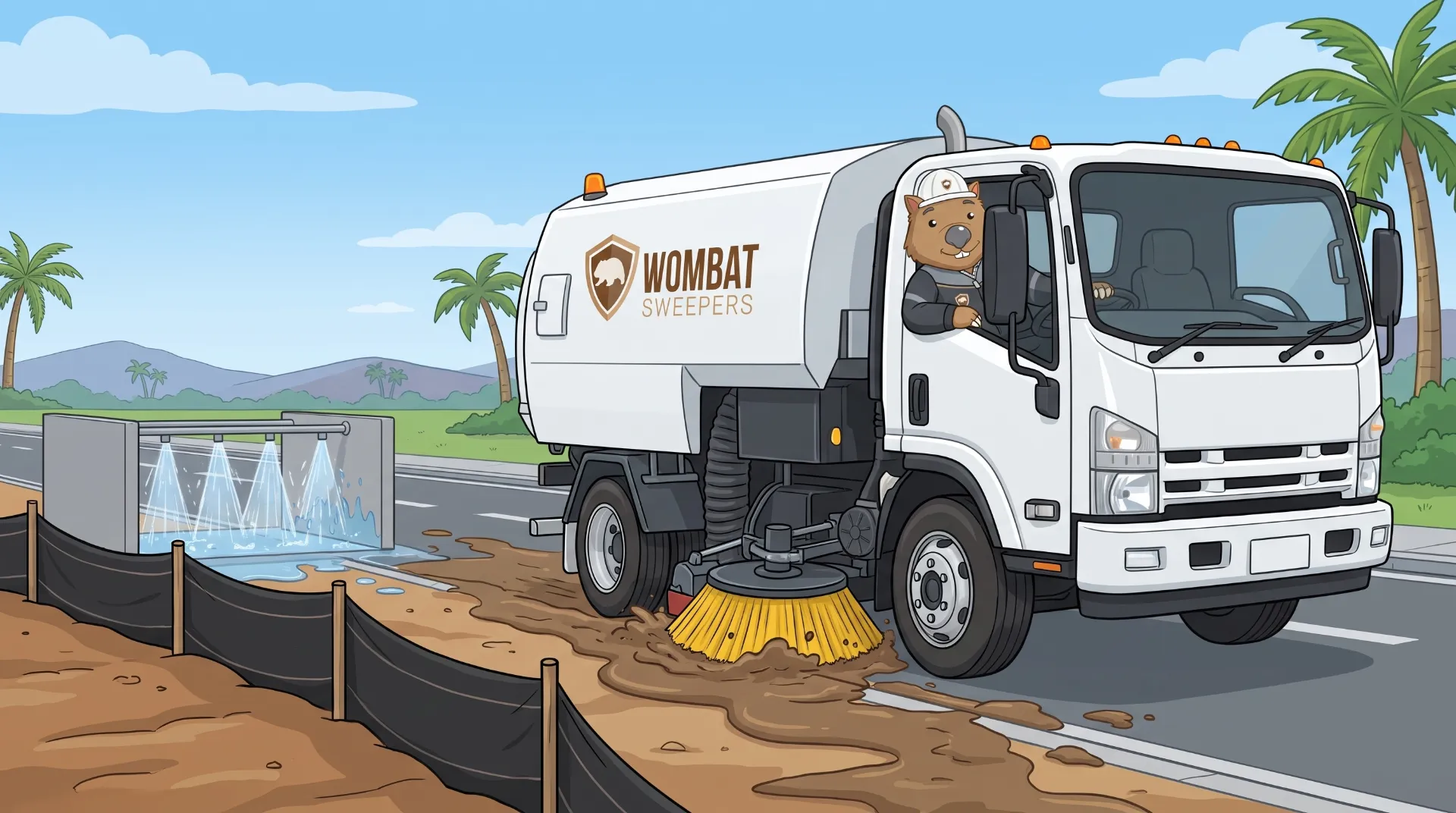 Wombat Sweepers mascot drives a branded street sweeper truck sweeping dust and sediment from a construction site exit onto a public road, wheel-wash bay and silt fence nearby