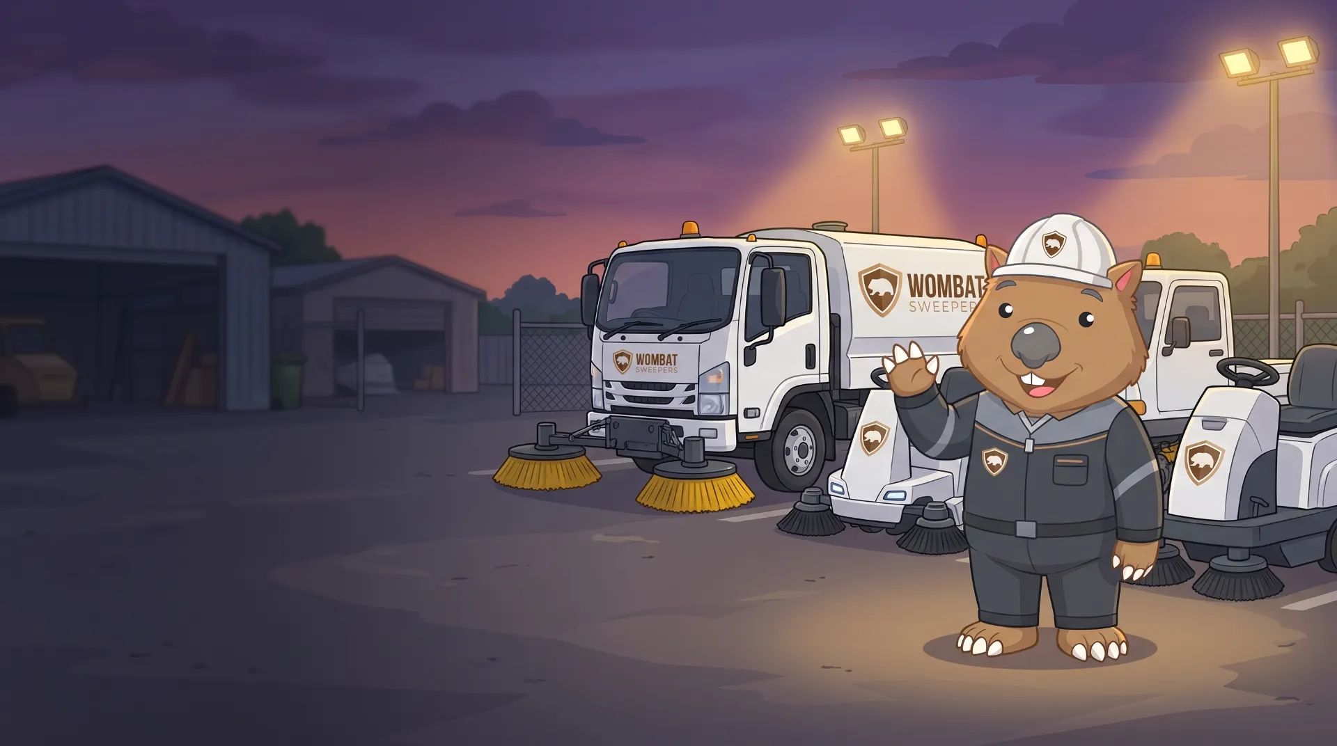 Wombat Sweepers mascot waves beside a lineup of parked sweeper machines in the depot yard at dusk