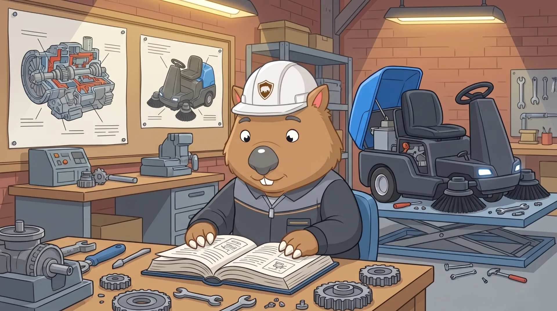 Wombat Sweepers mascot sits at a depot office desk reading a thick manual, machine diagrams pinned on the wall, a sweeper visible through the window