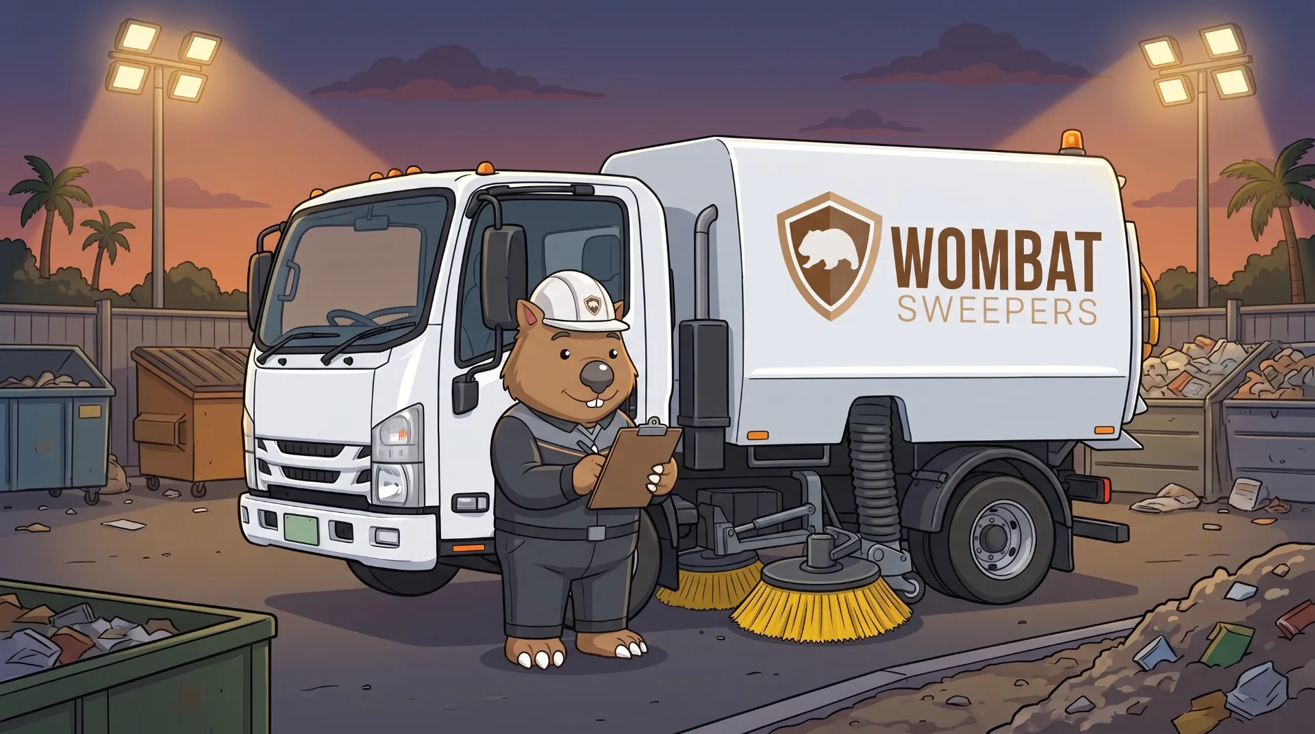 Wombat Sweepers mascot checks a clipboard beside a branded street sweeper truck at a disposal bay at dusk