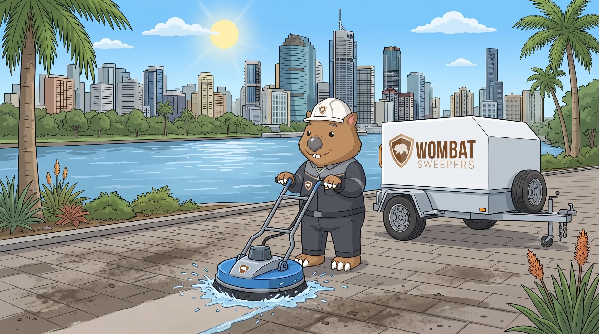 Wombat Sweepers mascot high-pressure cleans with a rotary surface cleaner on a paved area in Brisbane