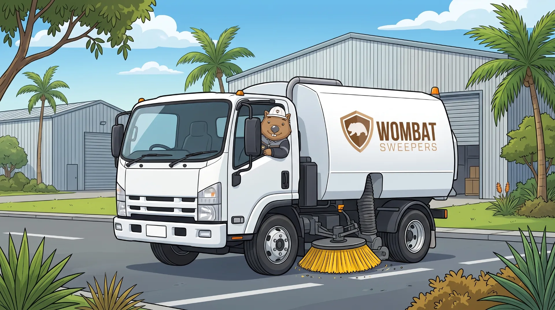 Wombat Sweepers mascot drives a ride-on sweeper through an industrial estate