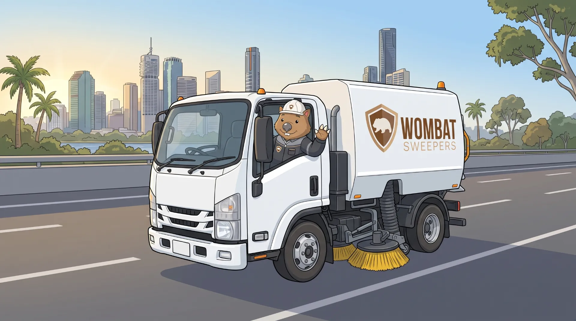 Wombat Sweepers mascot waves from a branded street sweeper truck leaving the depot gates