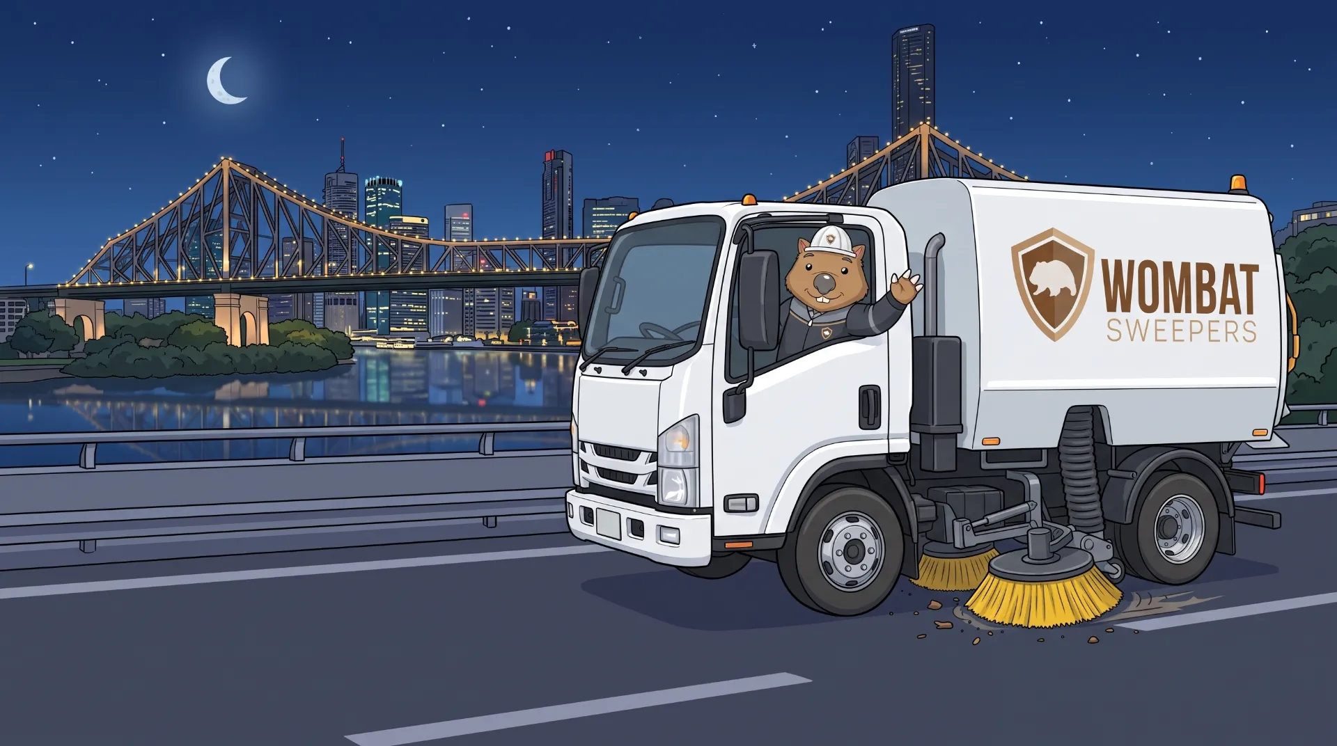 Wombat Sweepers mascot waves from the cab of a branded street sweeper truck at night in Brisbane, the landscape silhouetted