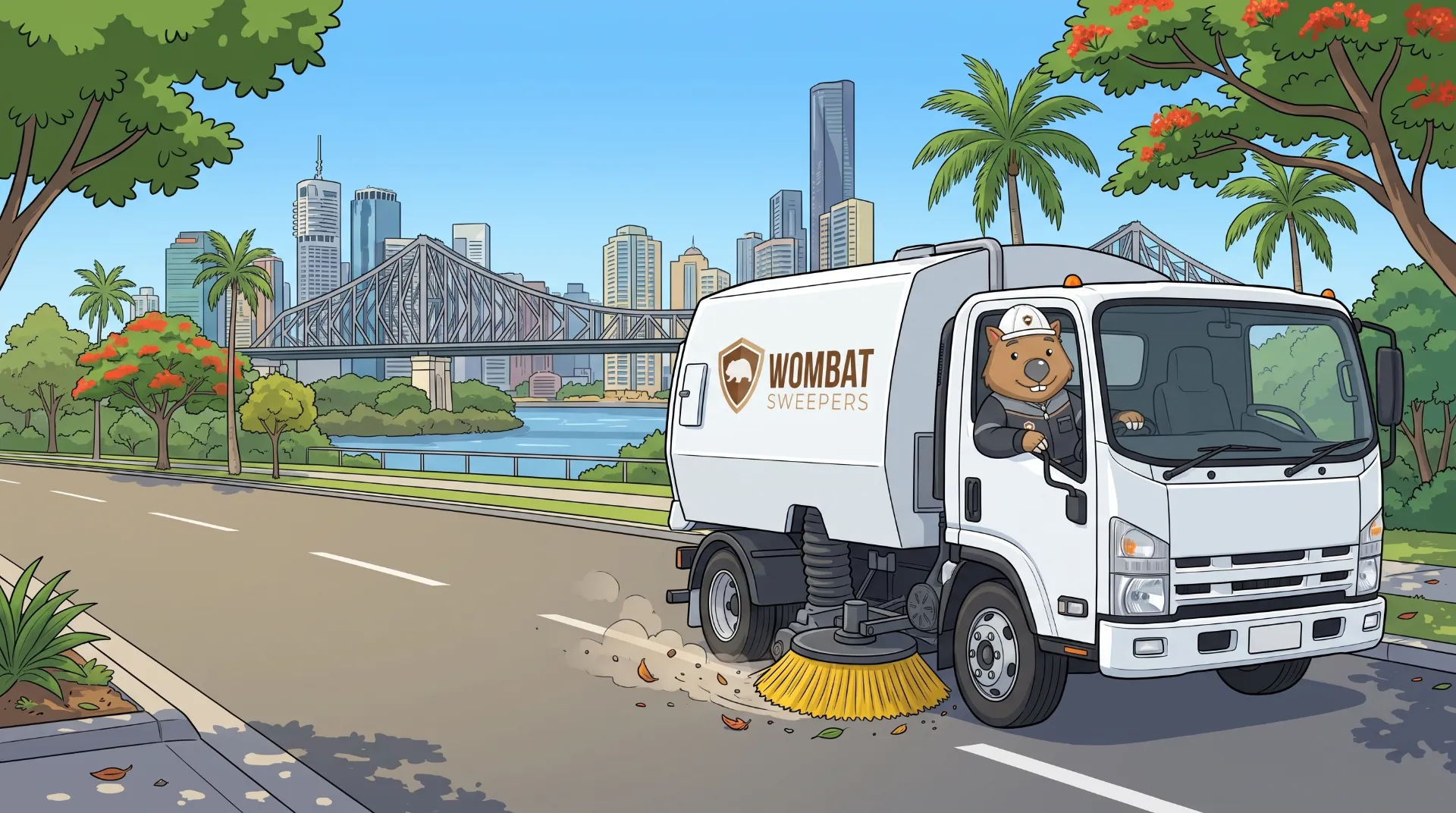 Wombat Sweepers mascot drives a branded street sweeper truck on a city road in Brisbane