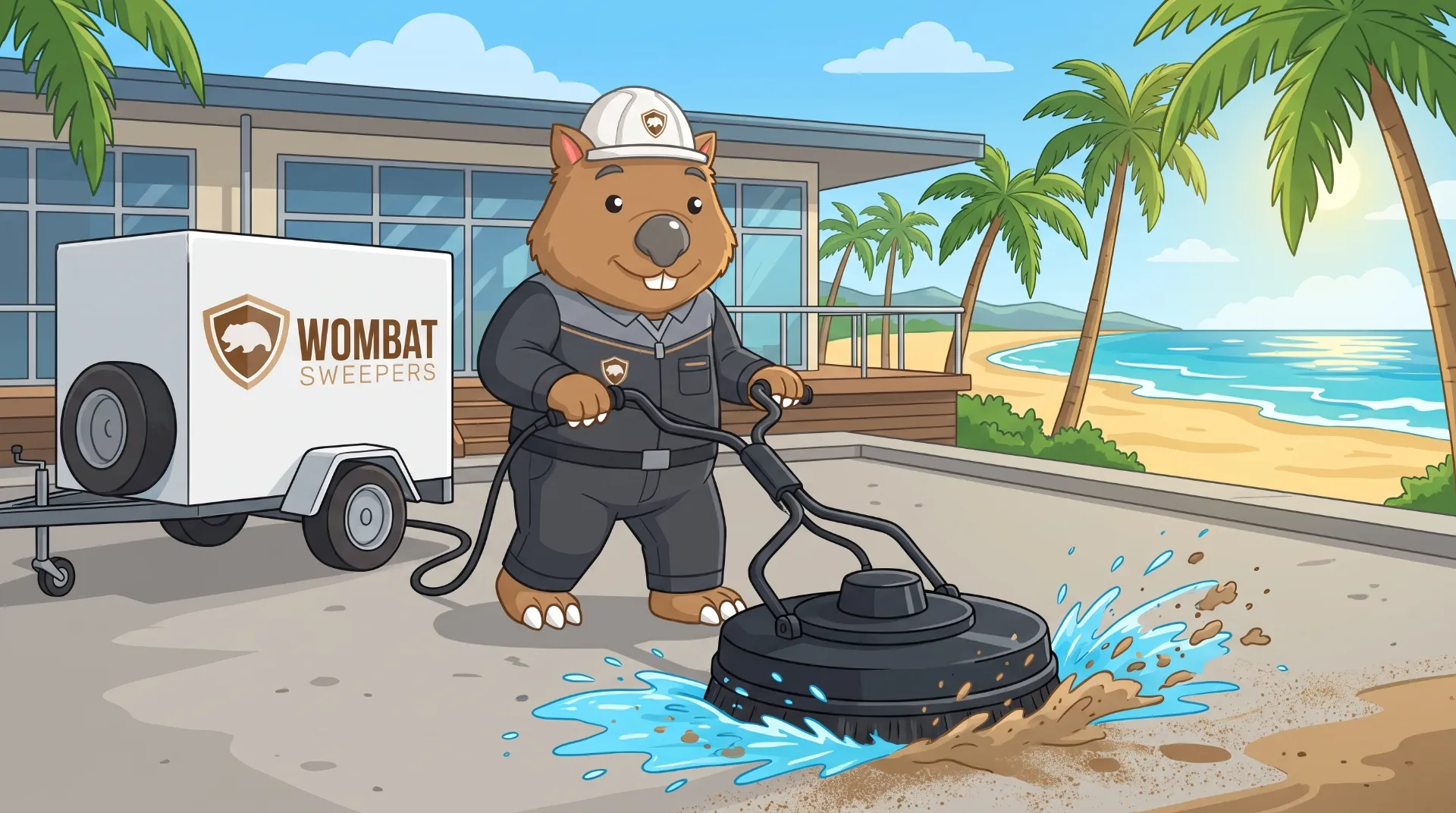 Wombat Sweepers mascot high-pressure cleans with a rotary surface cleaner on a paved area on the Gold Coast