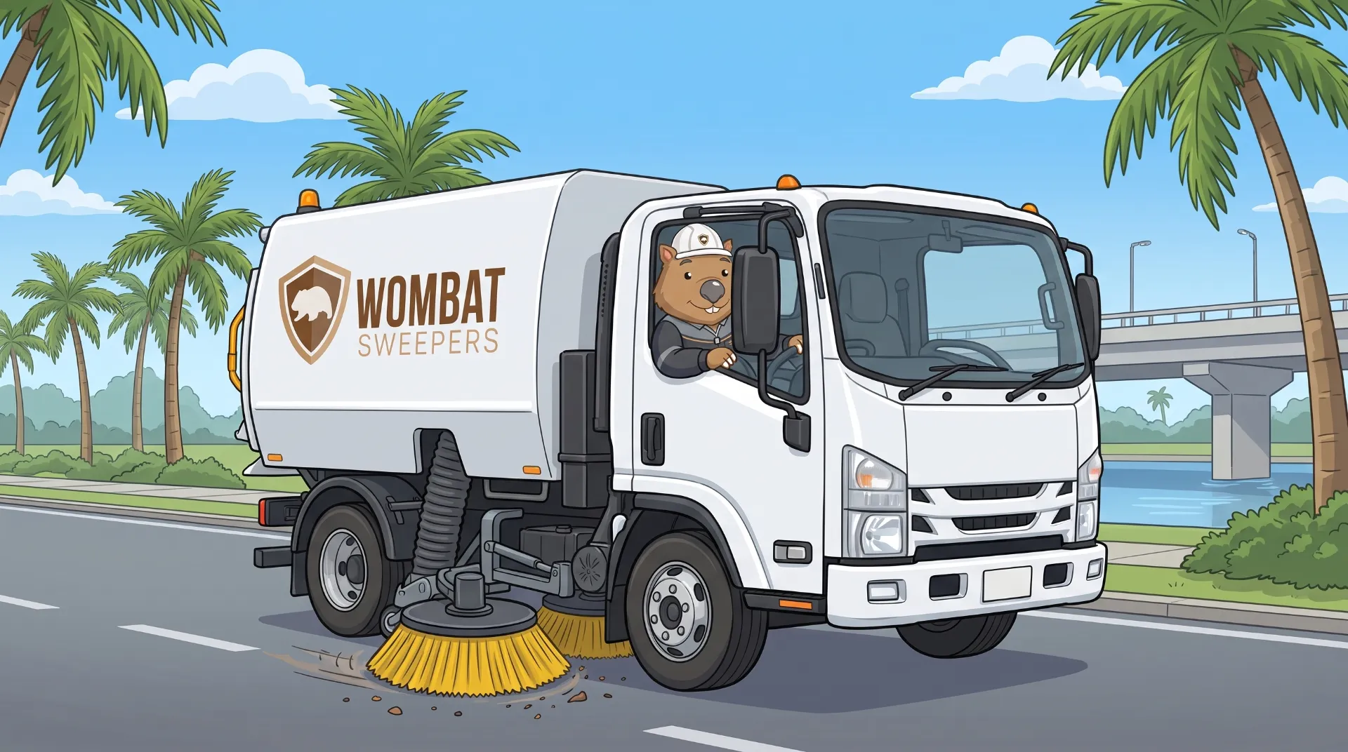 Wombat Sweepers mascot drives a branded street sweeper truck on a contract road sweeping run