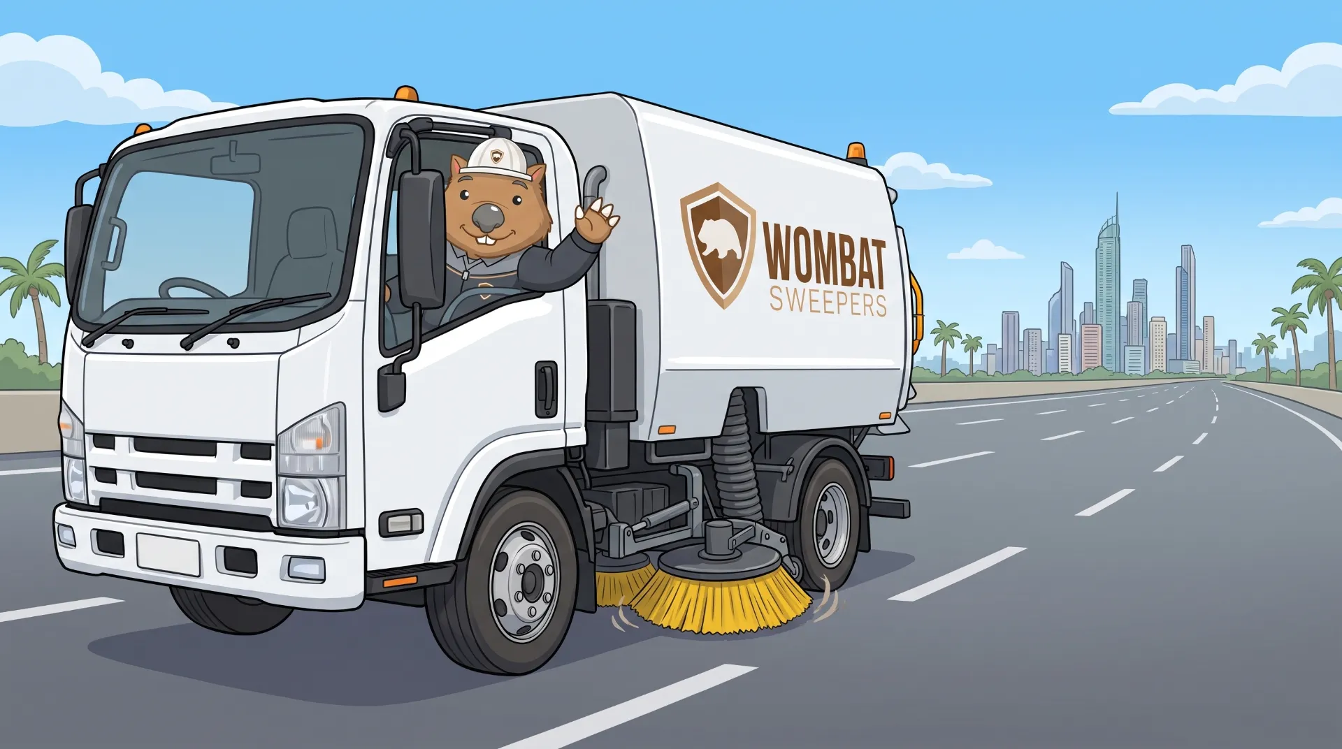 Wombat Sweepers mascot waves from a branded street sweeper truck leaving the depot gates