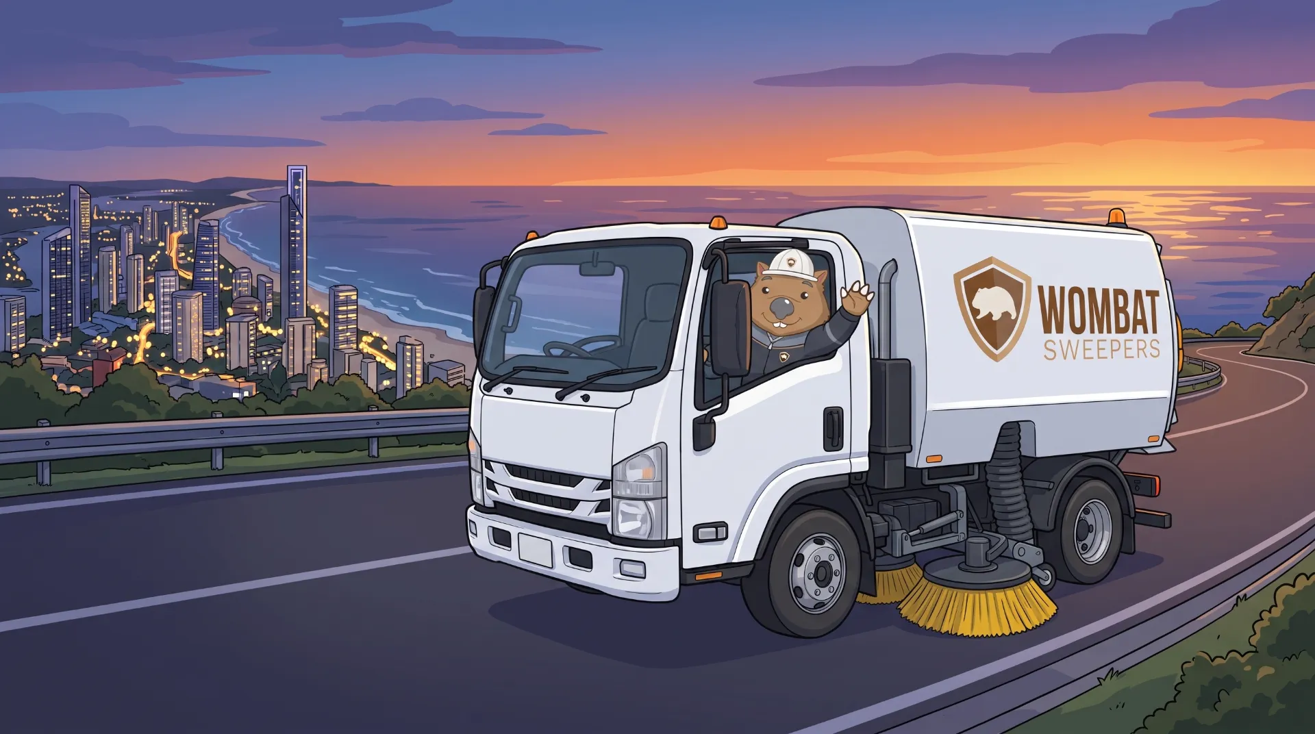 Wombat Sweepers mascot waves from the cab of a branded street sweeper truck at night on the Gold Coast, the landscape silhouetted
