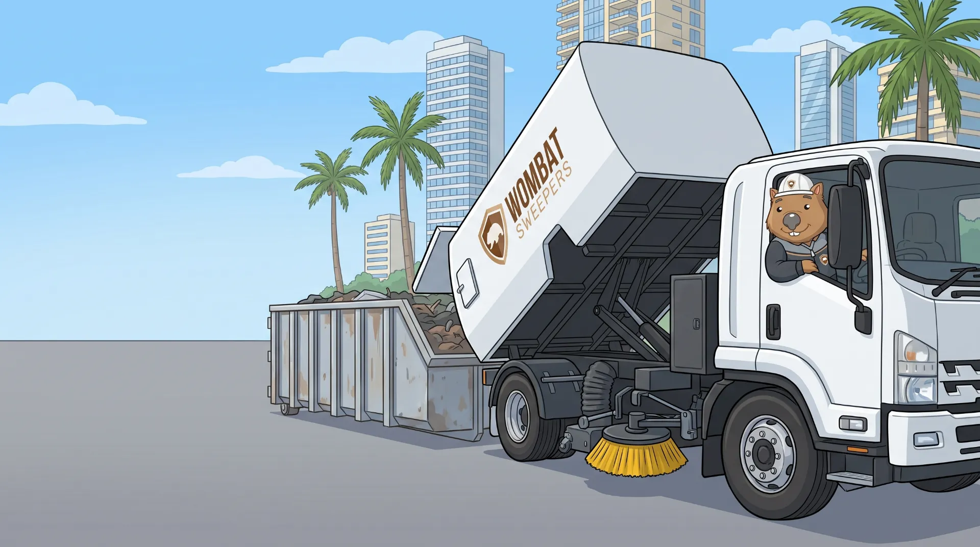 Wombat Sweepers mascot tips the hopper of a branded street sweeper truck at a waste transfer point on the Gold Coast