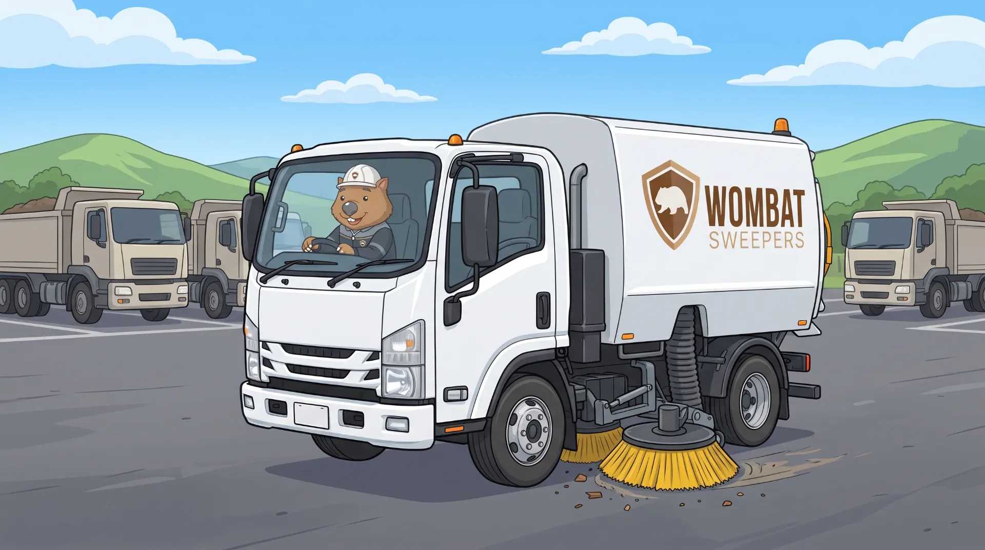 Wombat Sweepers mascot drives a ride-on sweeper across a regional hardstand