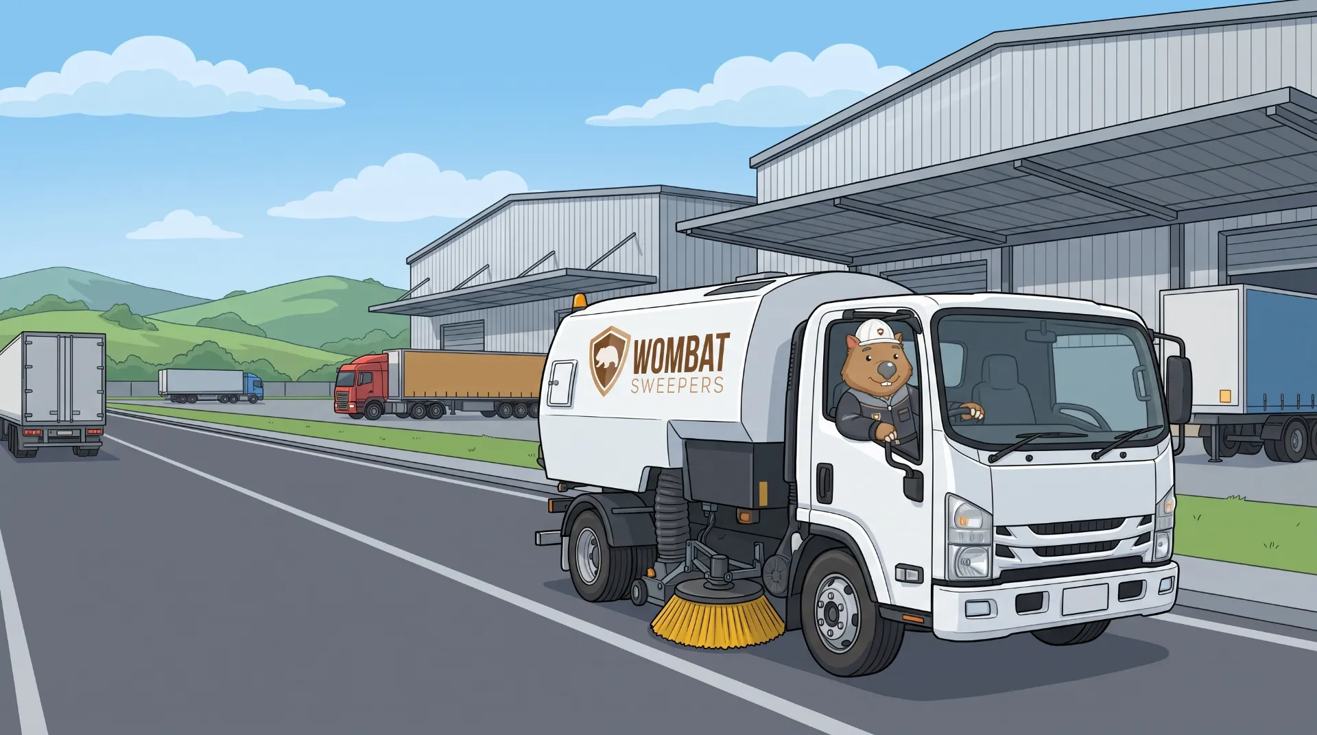 Wombat Sweepers mascot drives a ride-on sweeper through Ipswich