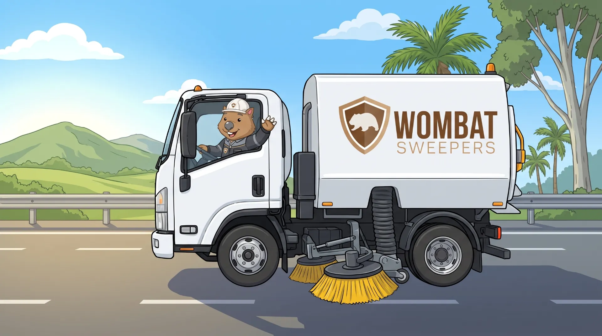 Wombat Sweepers mascot waves from a branded street sweeper truck leaving the depot gates