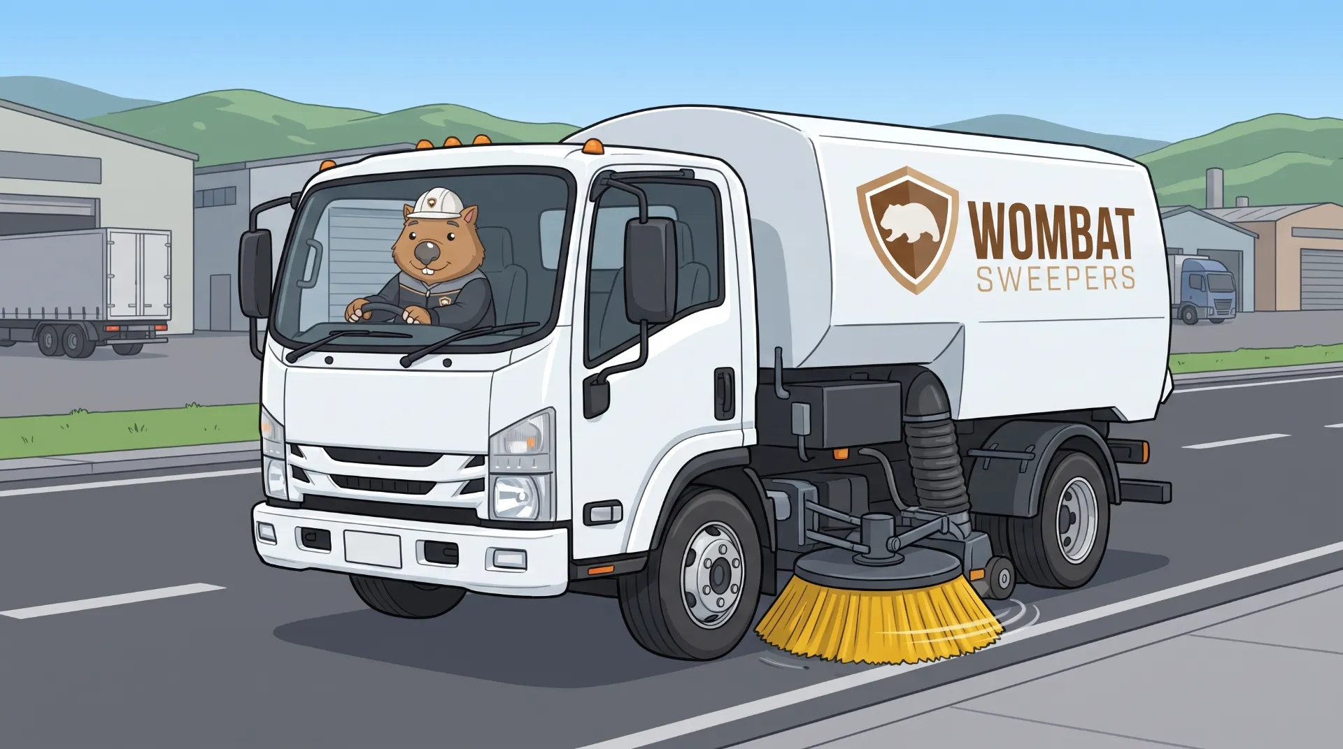 Wombat Sweepers mascot drives a branded street sweeper truck on a contract road sweeping run