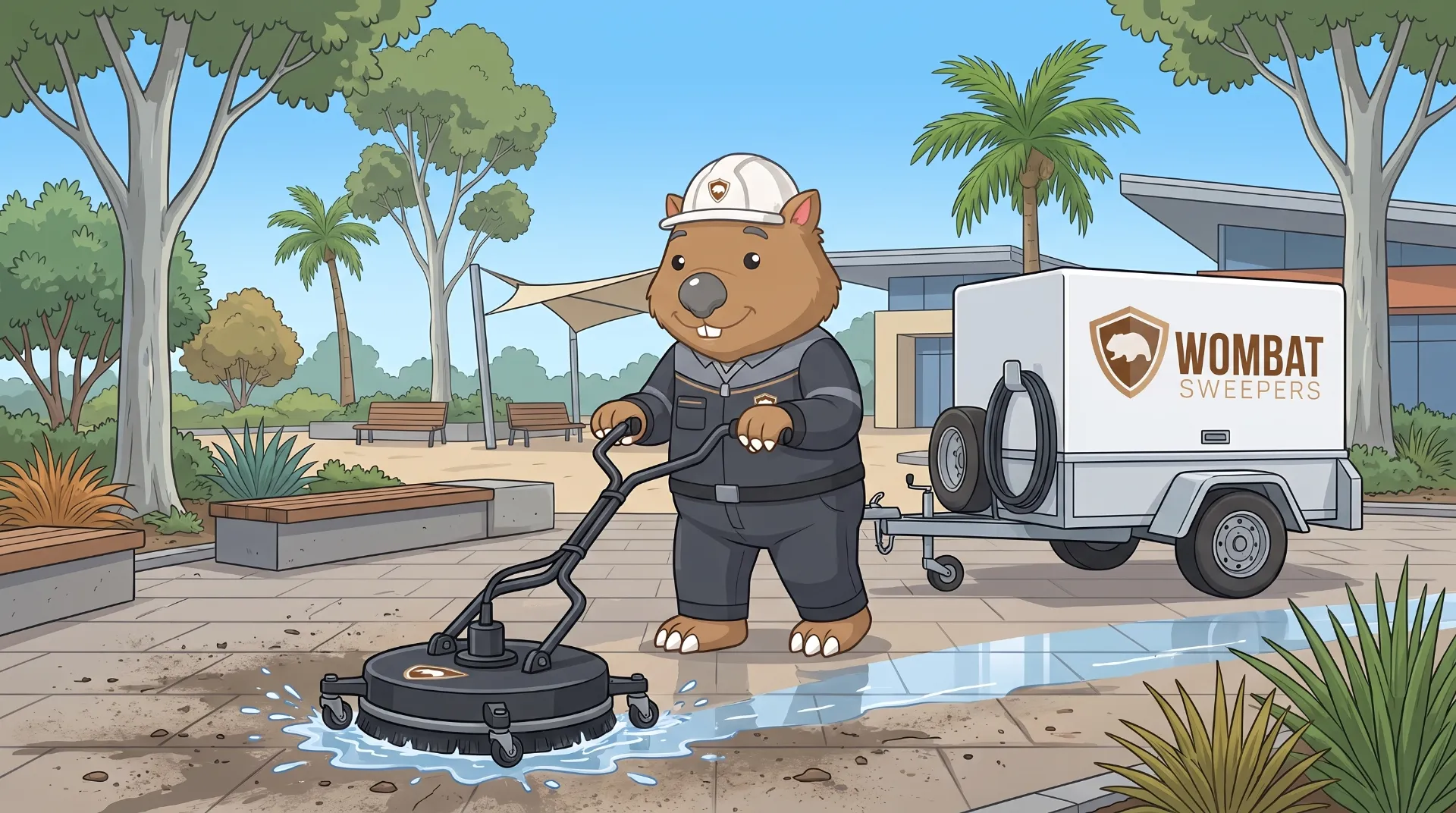 Wombat Sweepers mascot high-pressure cleans with a rotary surface cleaner on a paved area in Logan