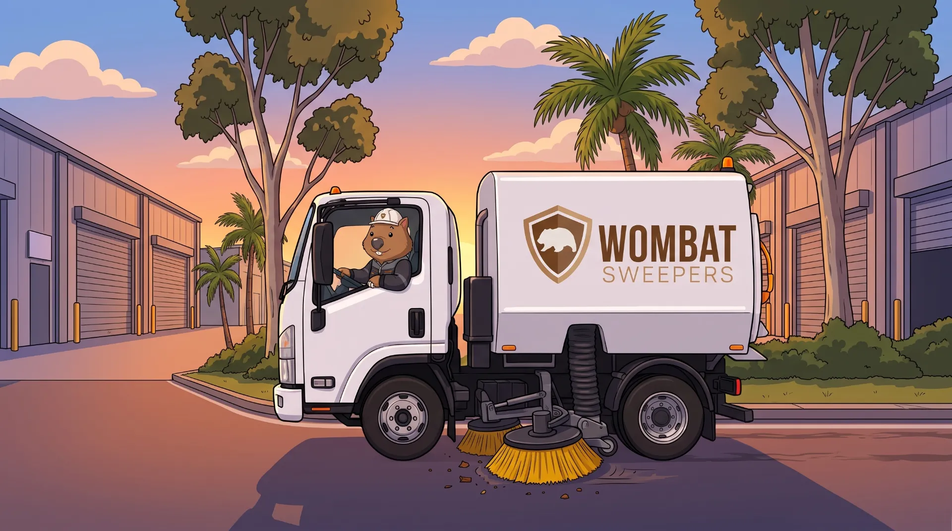 Wombat Sweepers mascot drives a branded street sweeper truck on a contract road sweeping run