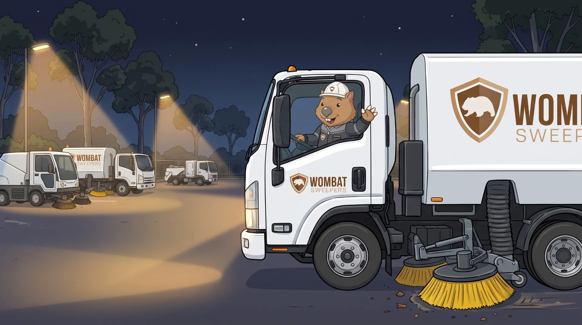 Wombat Sweepers mascot waves from the cab of a branded street sweeper truck at night in Logan, the landscape silhouetted
