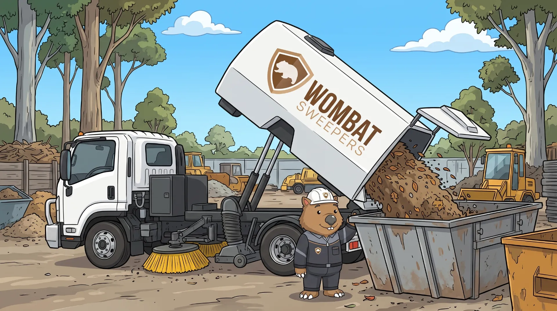 Wombat Sweepers mascot tips the hopper of a branded street sweeper truck into a skip