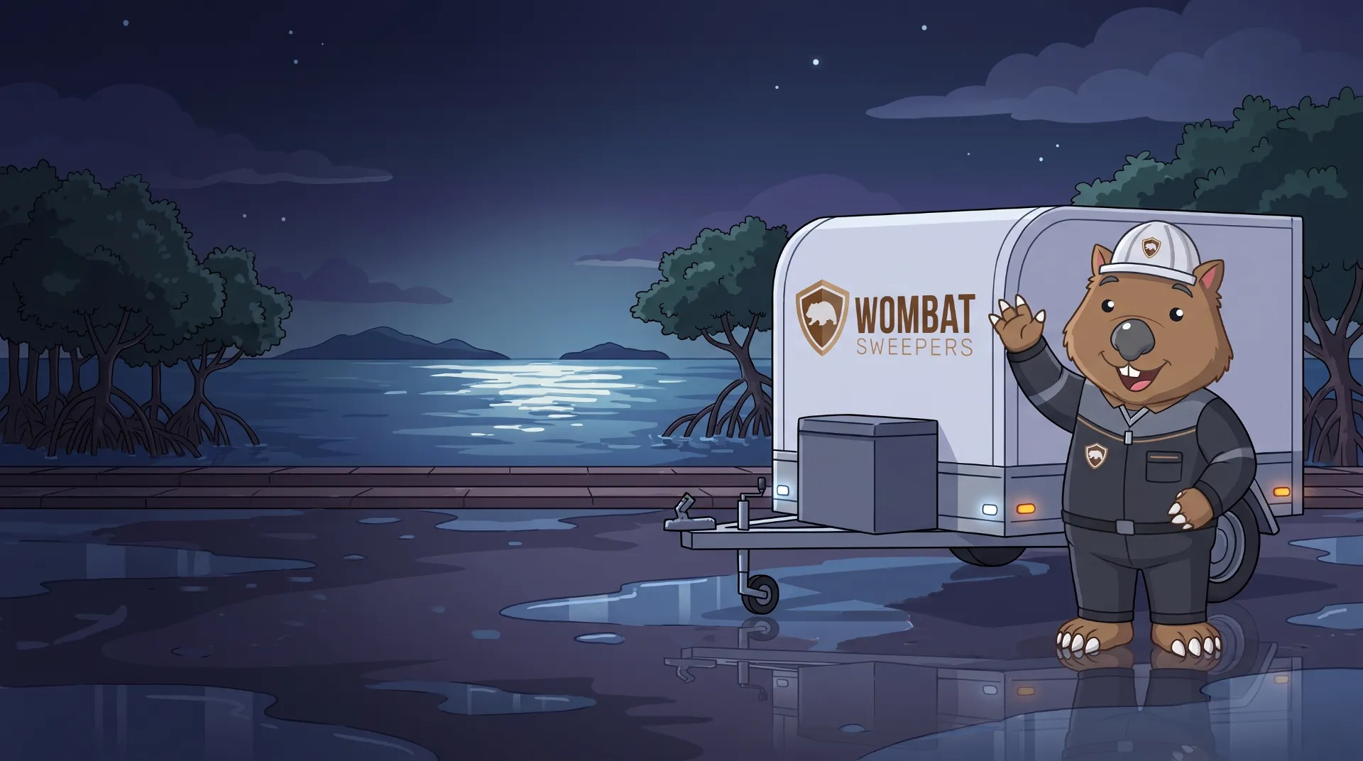 Wombat Sweepers mascot waves from beside a pressure-washer trailer at night in the Redlands, the landscape silhouetted
