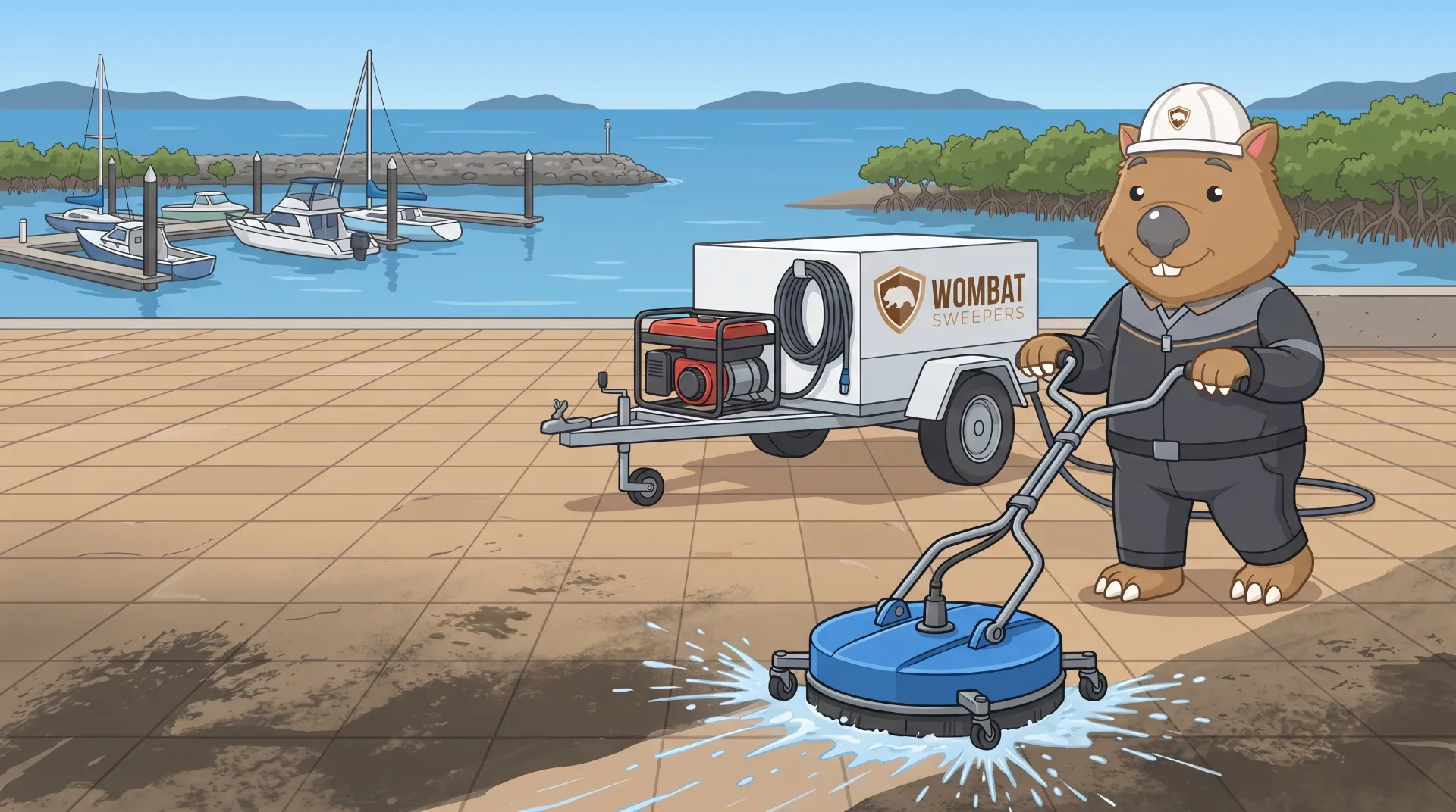 Wombat Sweepers mascot high-pressure cleans with a rotary surface cleaner on a bayside paved area in the Redlands
