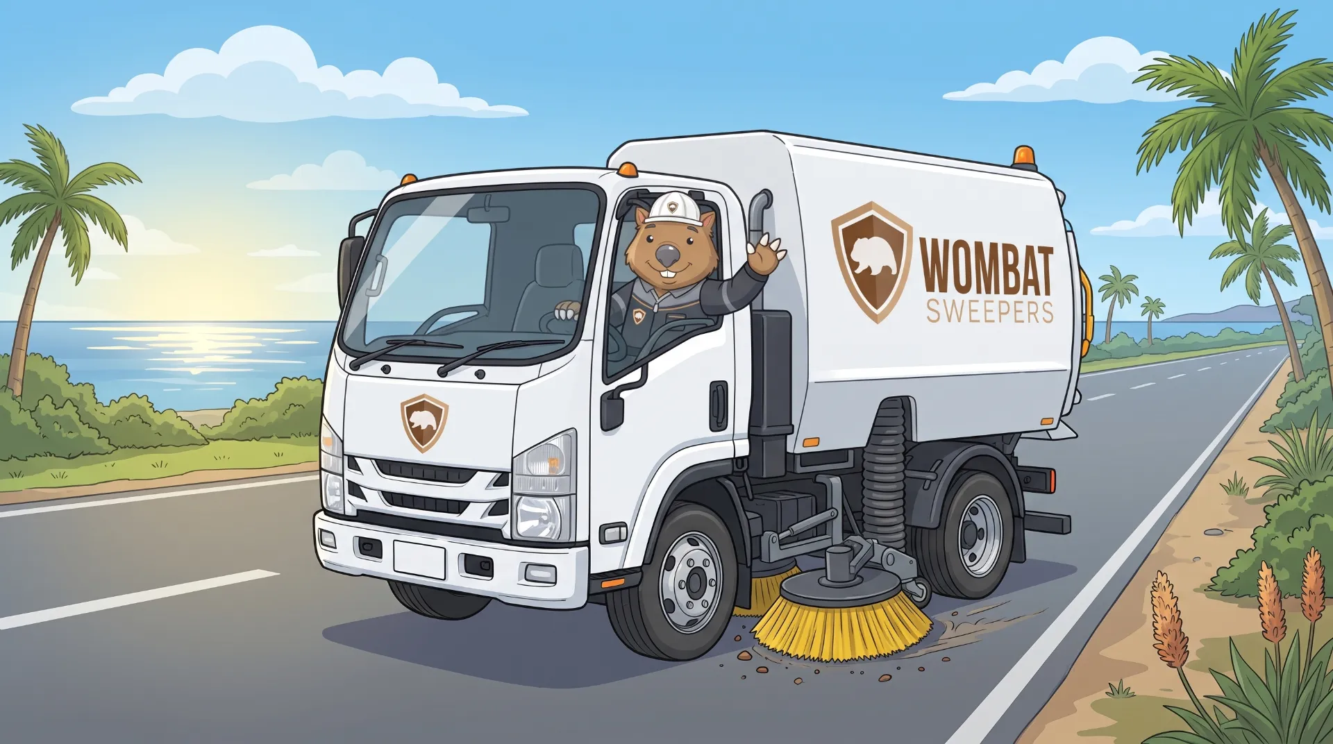 Wombat Sweepers mascot waves from a branded street sweeper truck leaving the depot gates
