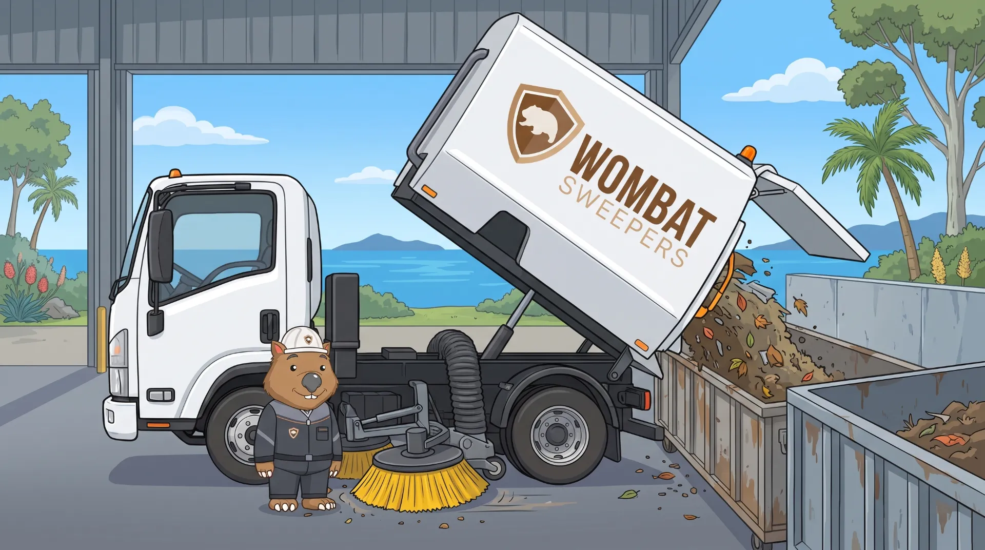 Wombat Sweepers mascot tips the hopper of a branded street sweeper truck into a skip