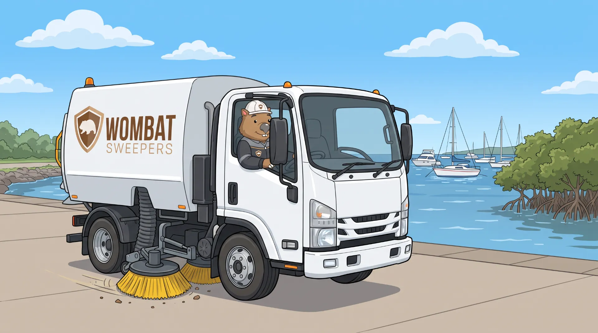 Wombat Sweepers mascot drives a branded street sweeper truck on a contract road sweeping run