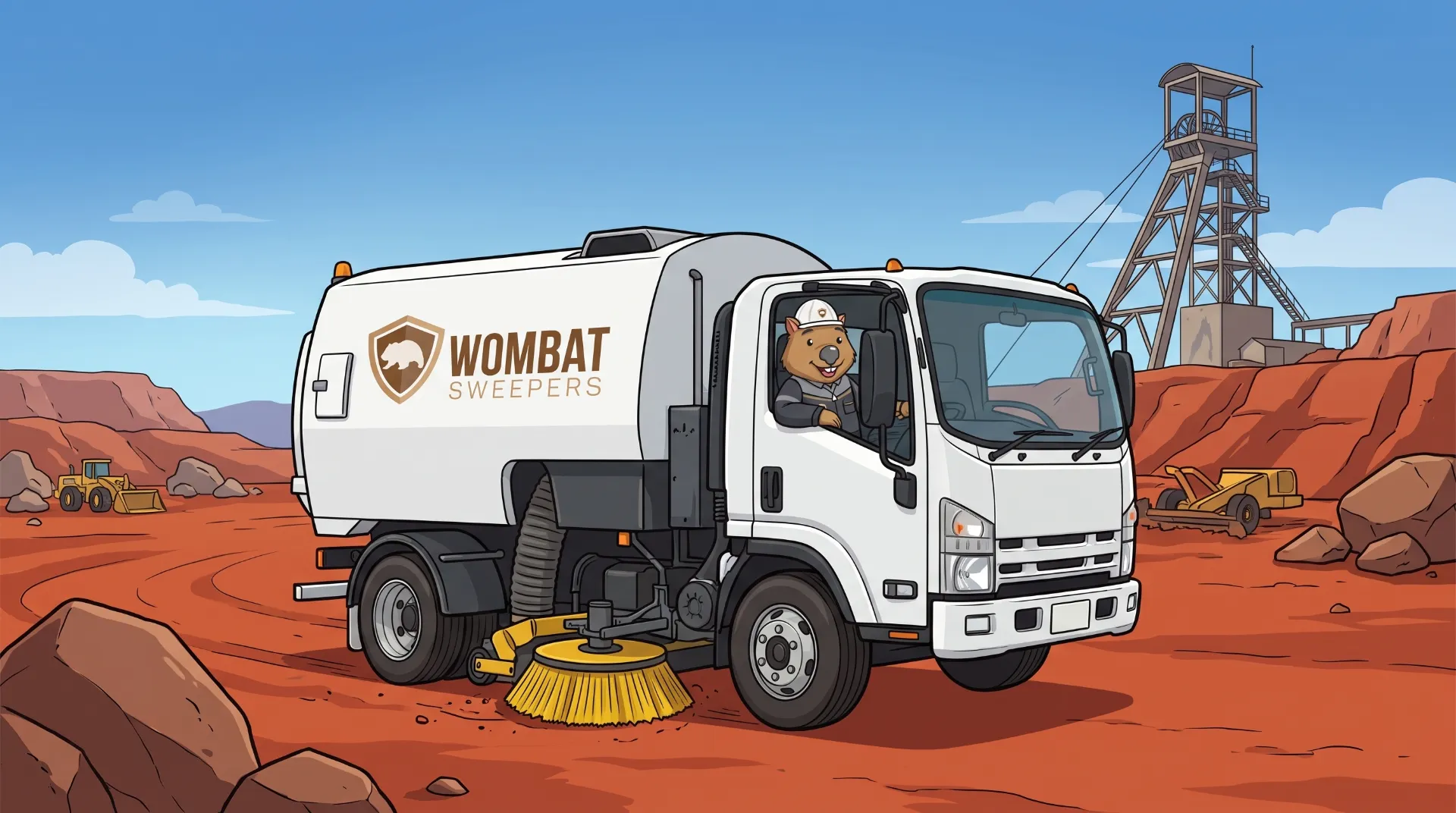 Wombat Sweepers mascot drives a ride-on sweeper across a regional hardstand