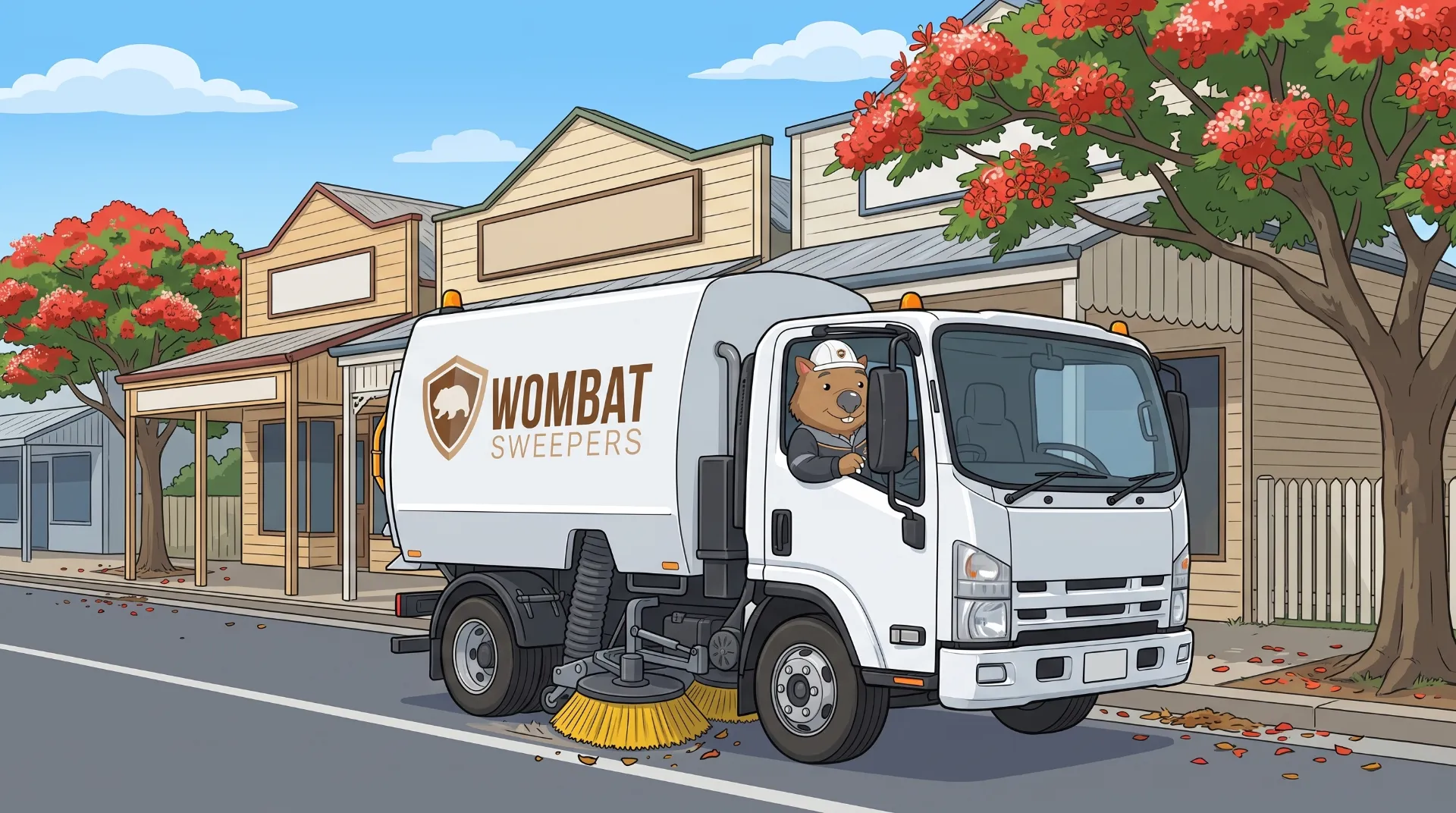 Wombat Sweepers mascot drives a branded street sweeper truck clearing leaf litter from a kerb