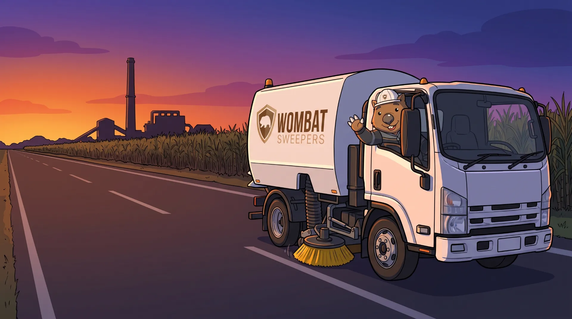 Wombat Sweepers mascot waves from the cab of a branded street sweeper truck at night in regional Queensland, the landscape silhouetted