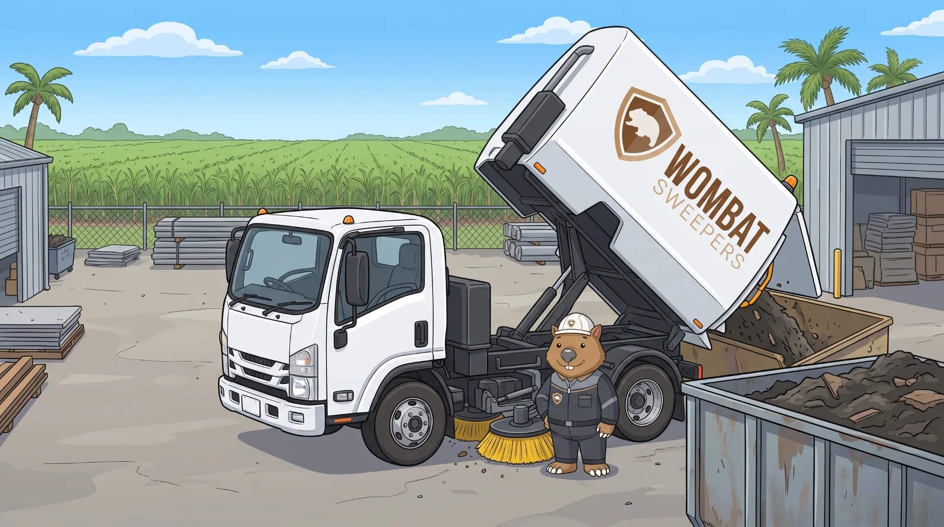 Wombat Sweepers mascot tips the hopper of a branded street sweeper truck into a skip