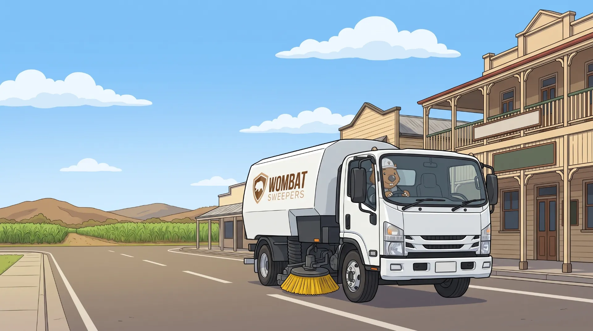 Wombat Sweepers mascot drives a branded street sweeper truck along a country main street in regional Queensland