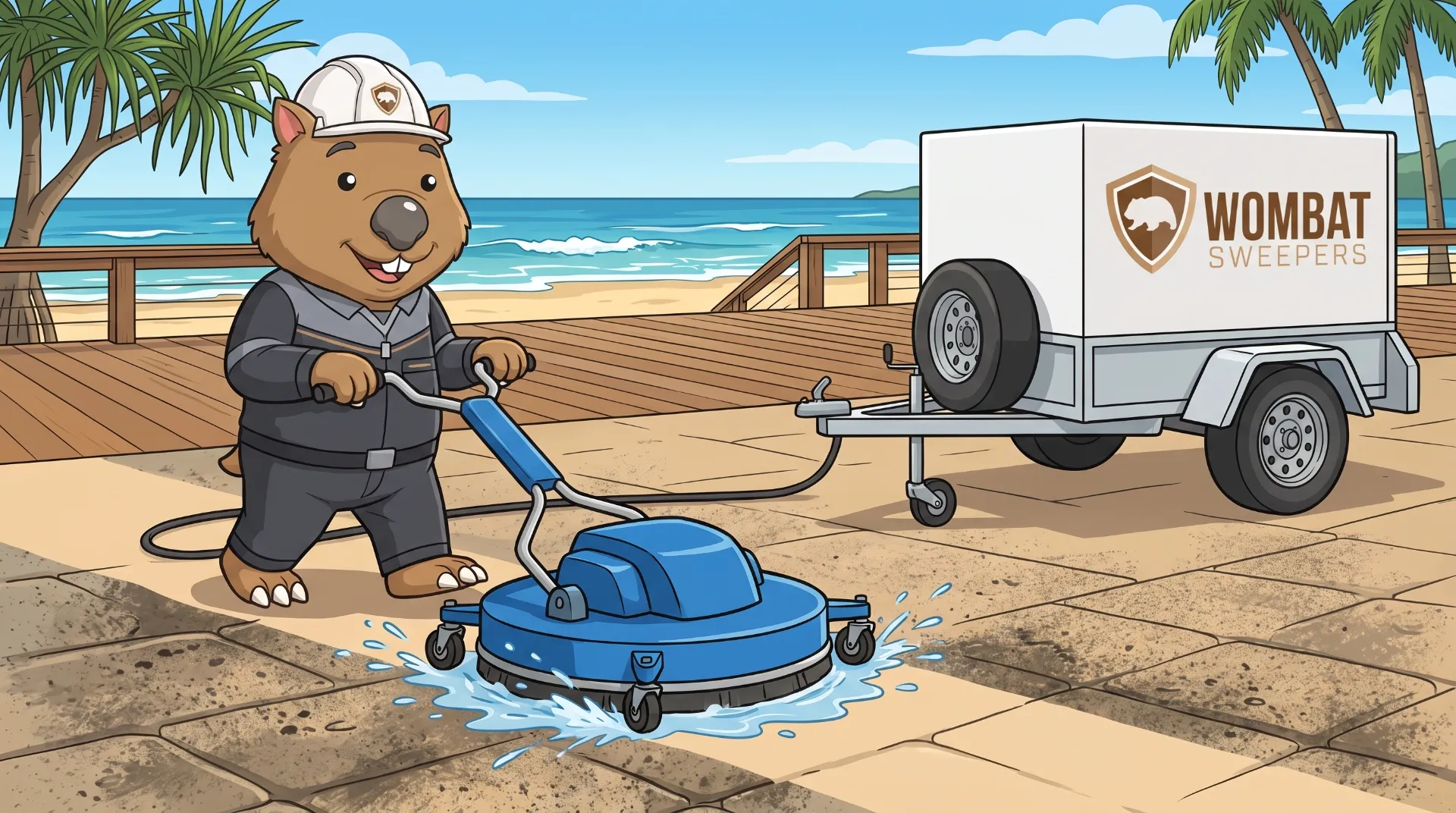 Wombat Sweepers mascot high-pressure cleans with a rotary surface cleaner on a paved area on the Sunshine Coast