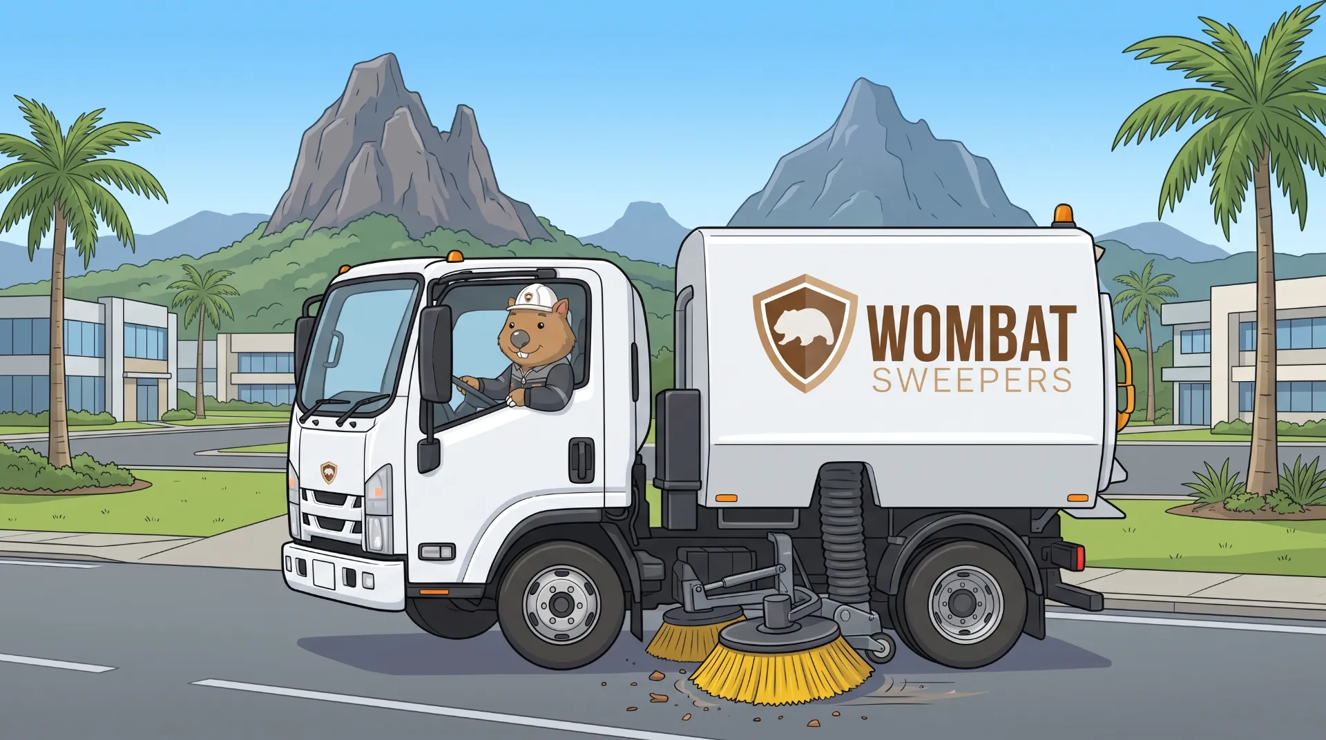 Wombat Sweepers mascot drives a branded street sweeper truck on a contract road sweeping run