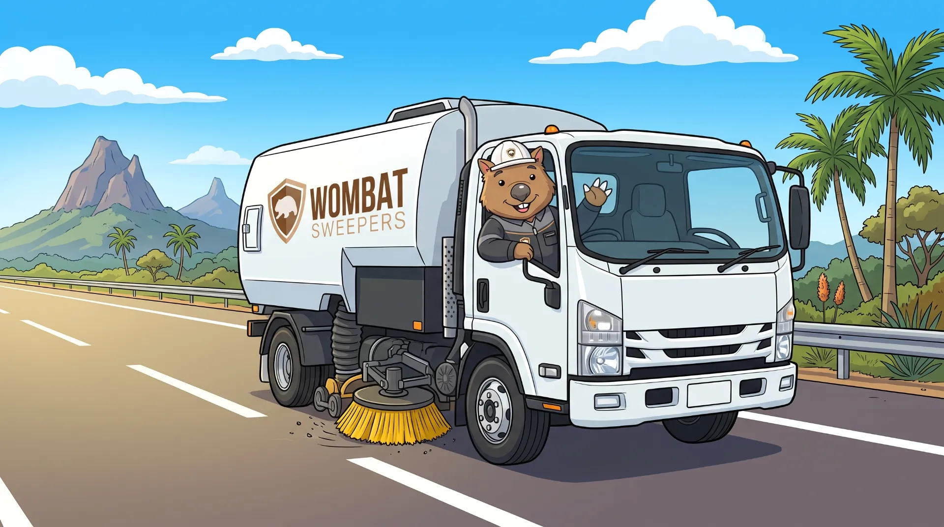 Wombat Sweepers mascot waves from a branded street sweeper truck leaving the depot gates