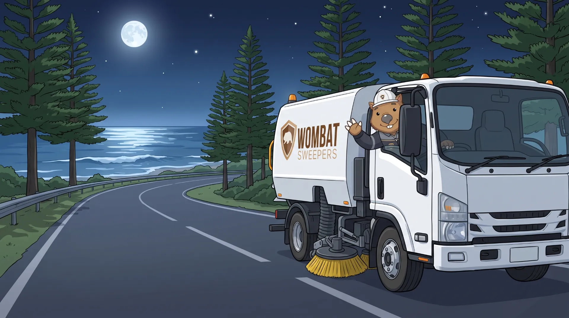 Wombat Sweepers mascot waves from the cab of a branded street sweeper truck at night on the Sunshine Coast, the landscape silhouetted