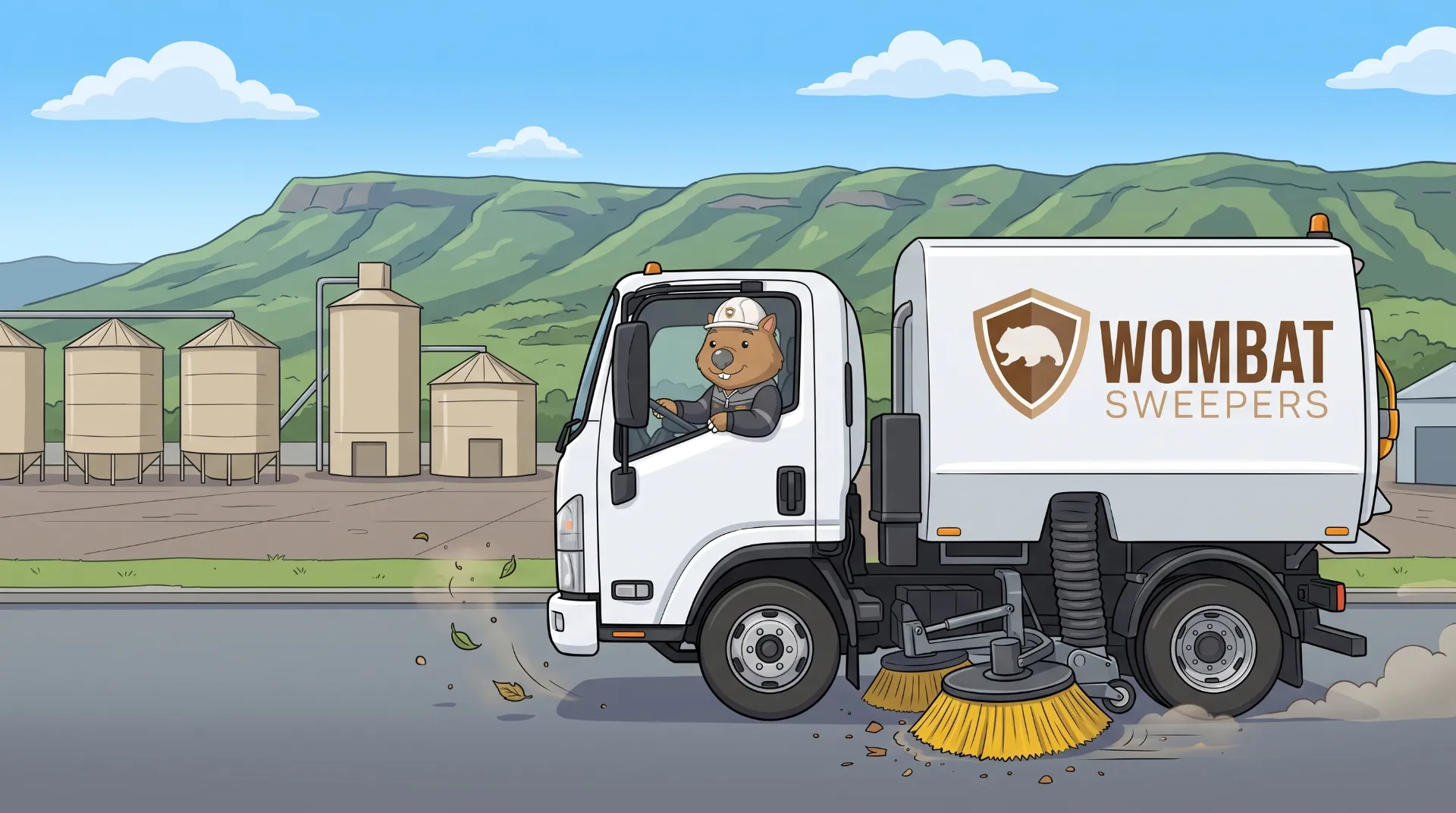 Wombat Sweepers mascot drives a ride-on sweeper through an industrial estate